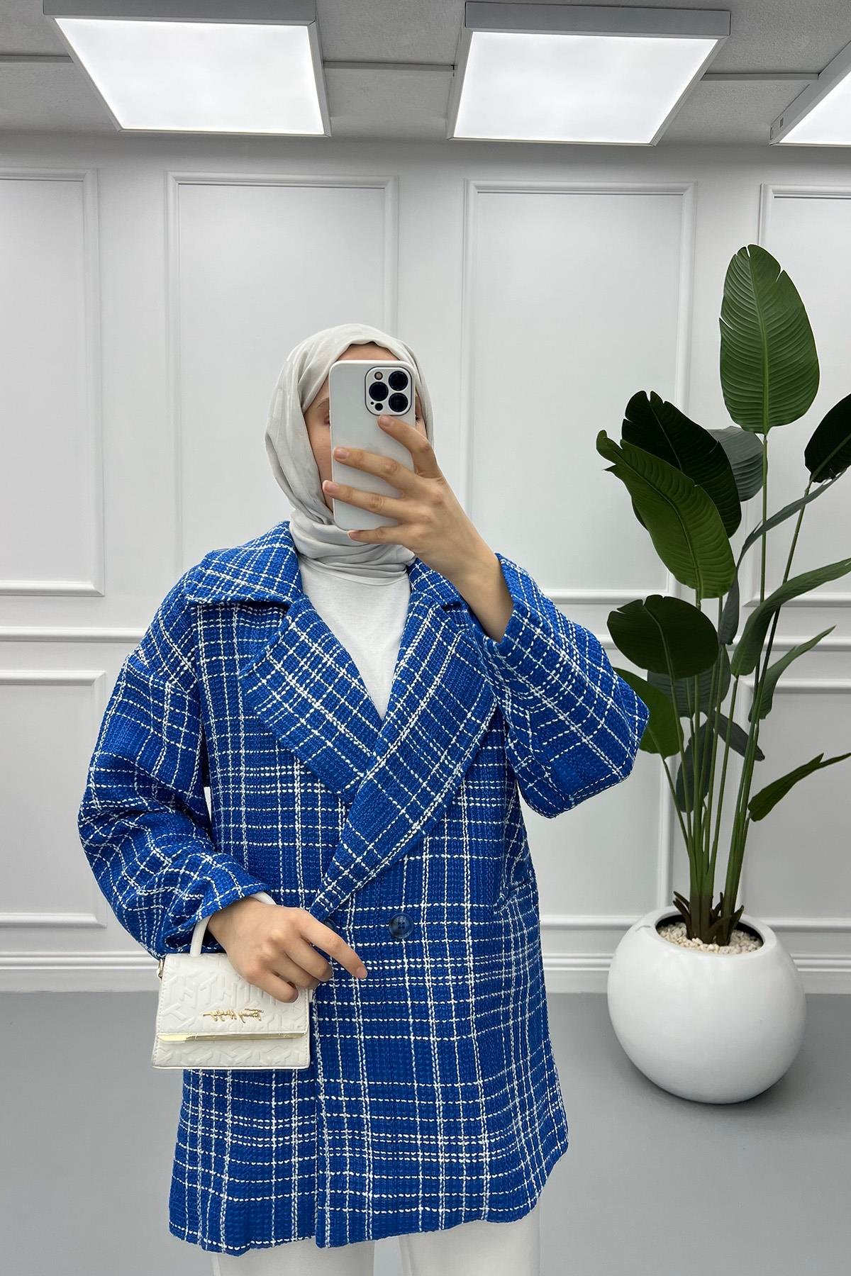 Çift Düğmeli Ekose Ceket Mavi