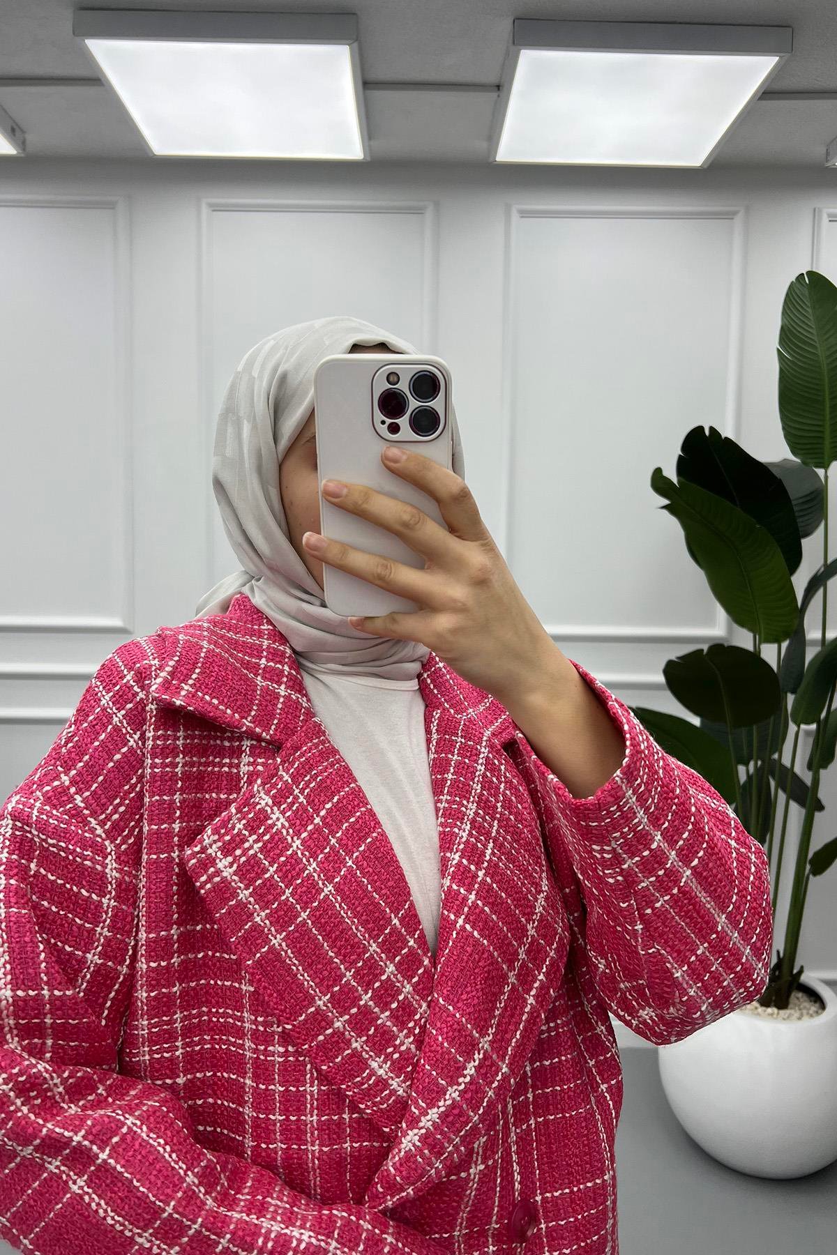Çift Düğmeli Ekose Ceket Pembe