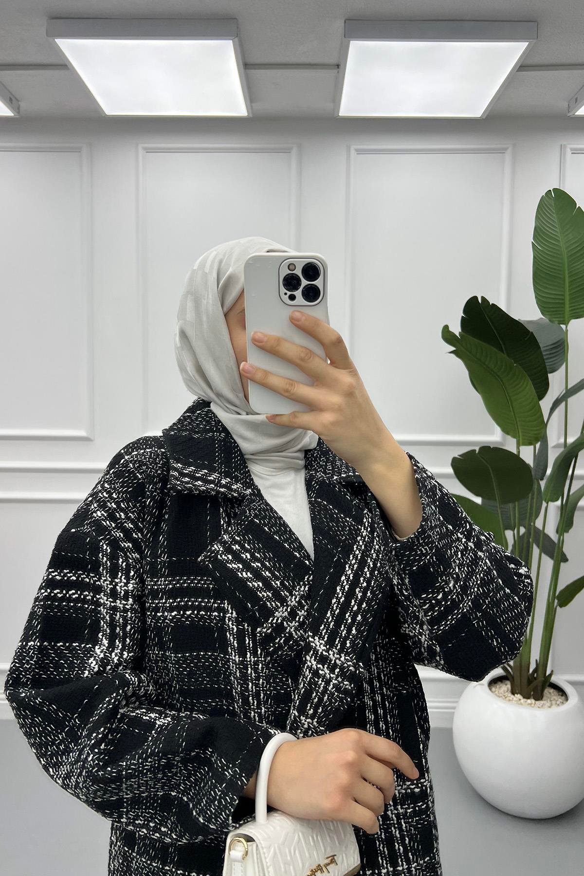 Çift Düğmeli Ekose Ceket Siyah