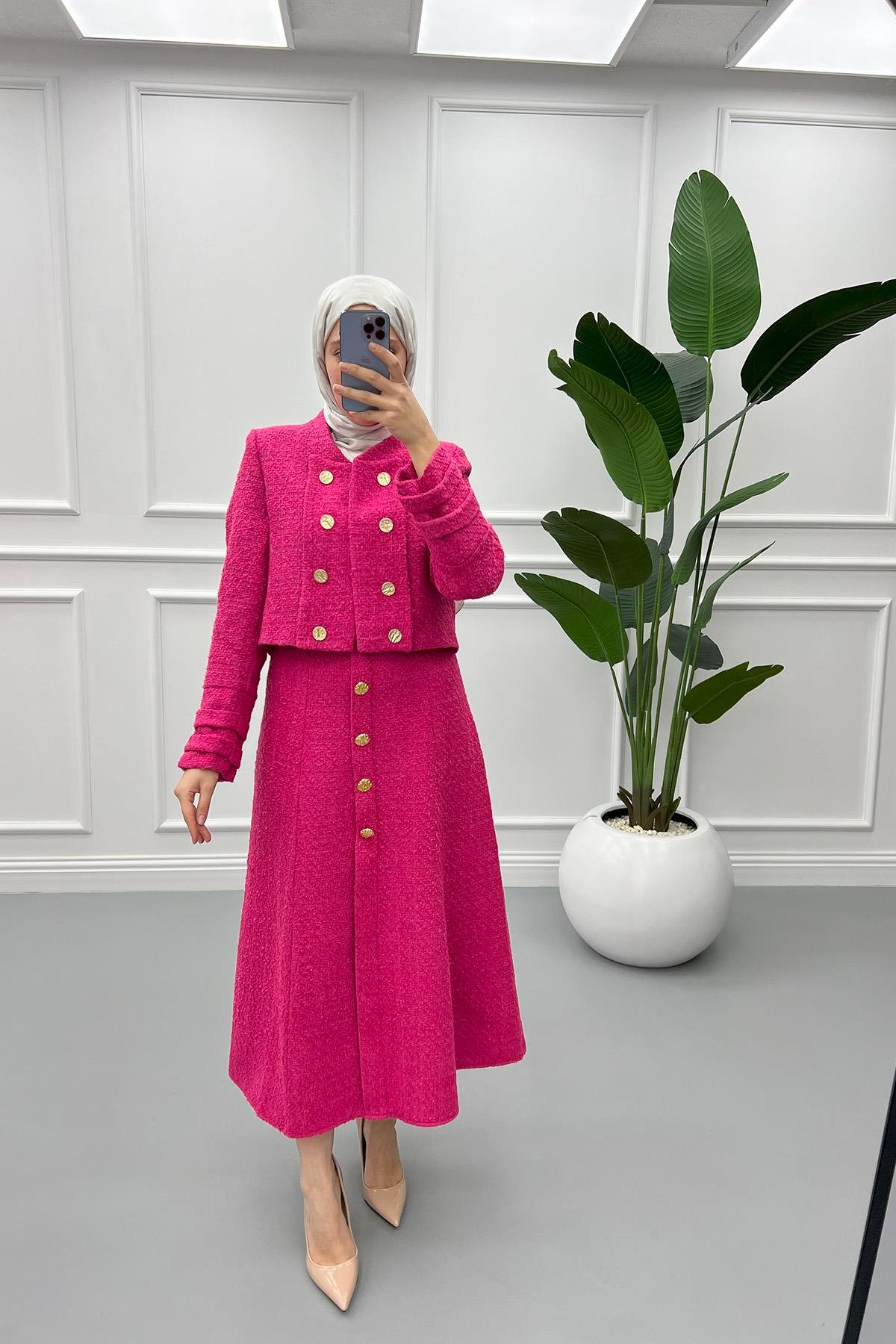 Çift Düğmeli Etek Takım Pembe