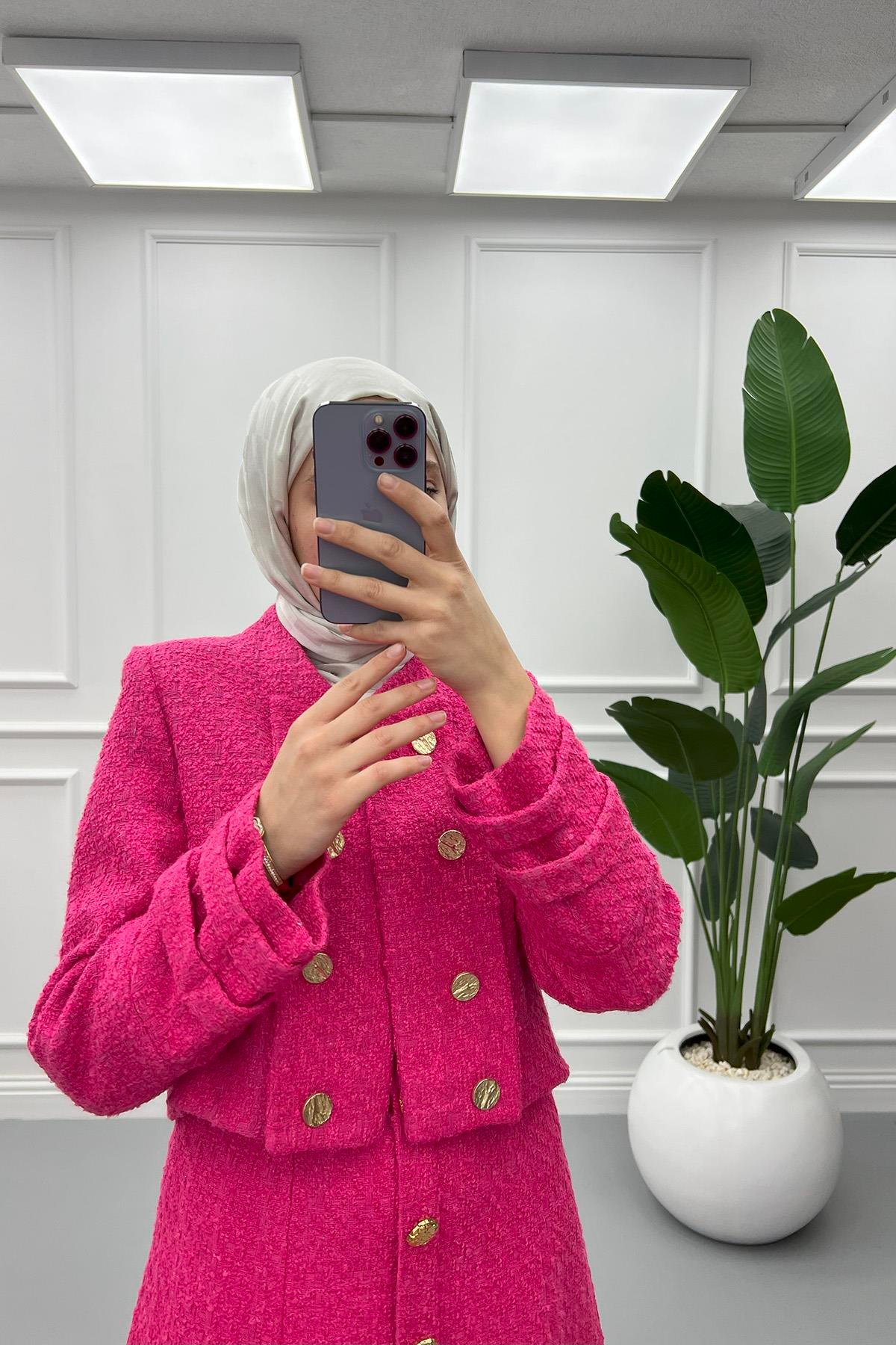 Çift Düğmeli Etek Takım Pembe
