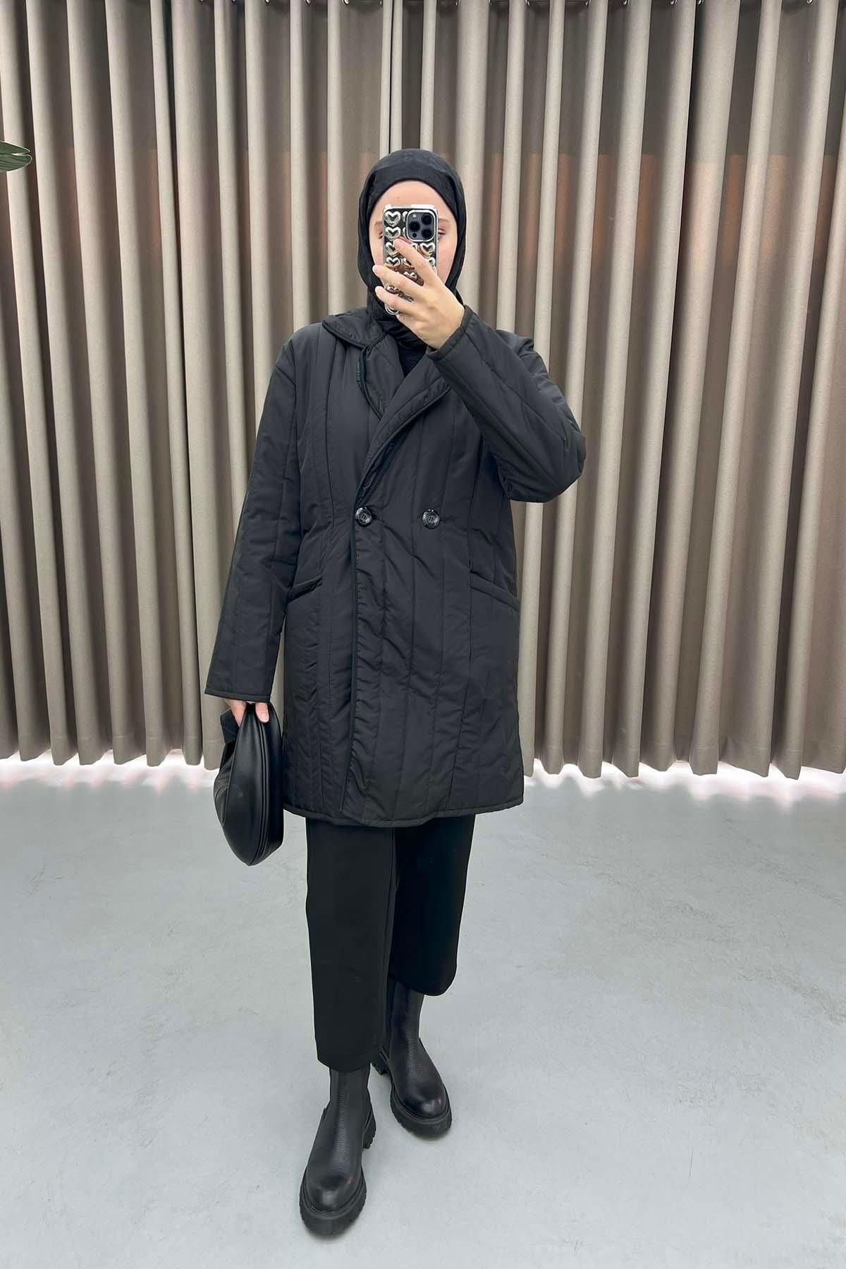Çift Düğmeli Kapitone Mont Siyah