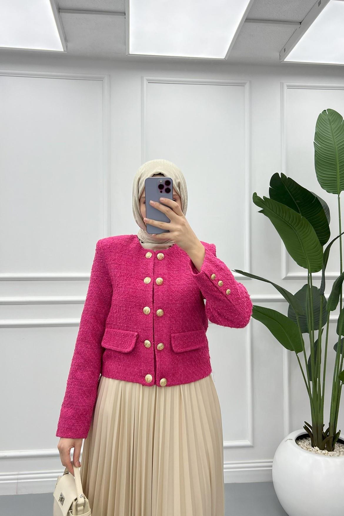 Çift Düğmeli Kısa Tüvit Ceket Pembe