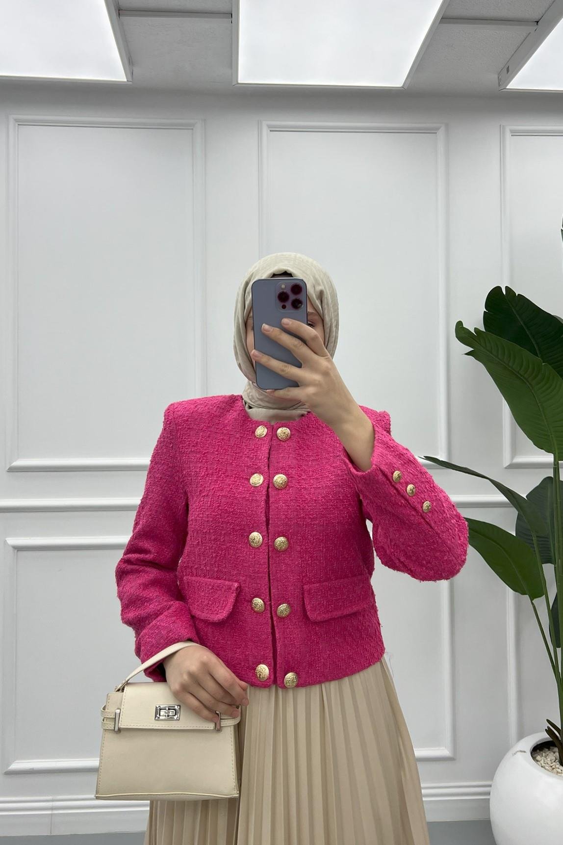 Çift Düğmeli Kısa Tüvit Ceket Pembe