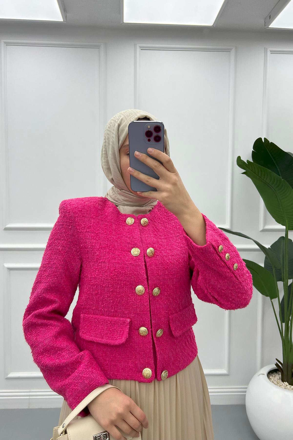 Çift Düğmeli Kısa Tüvit Ceket Pembe
