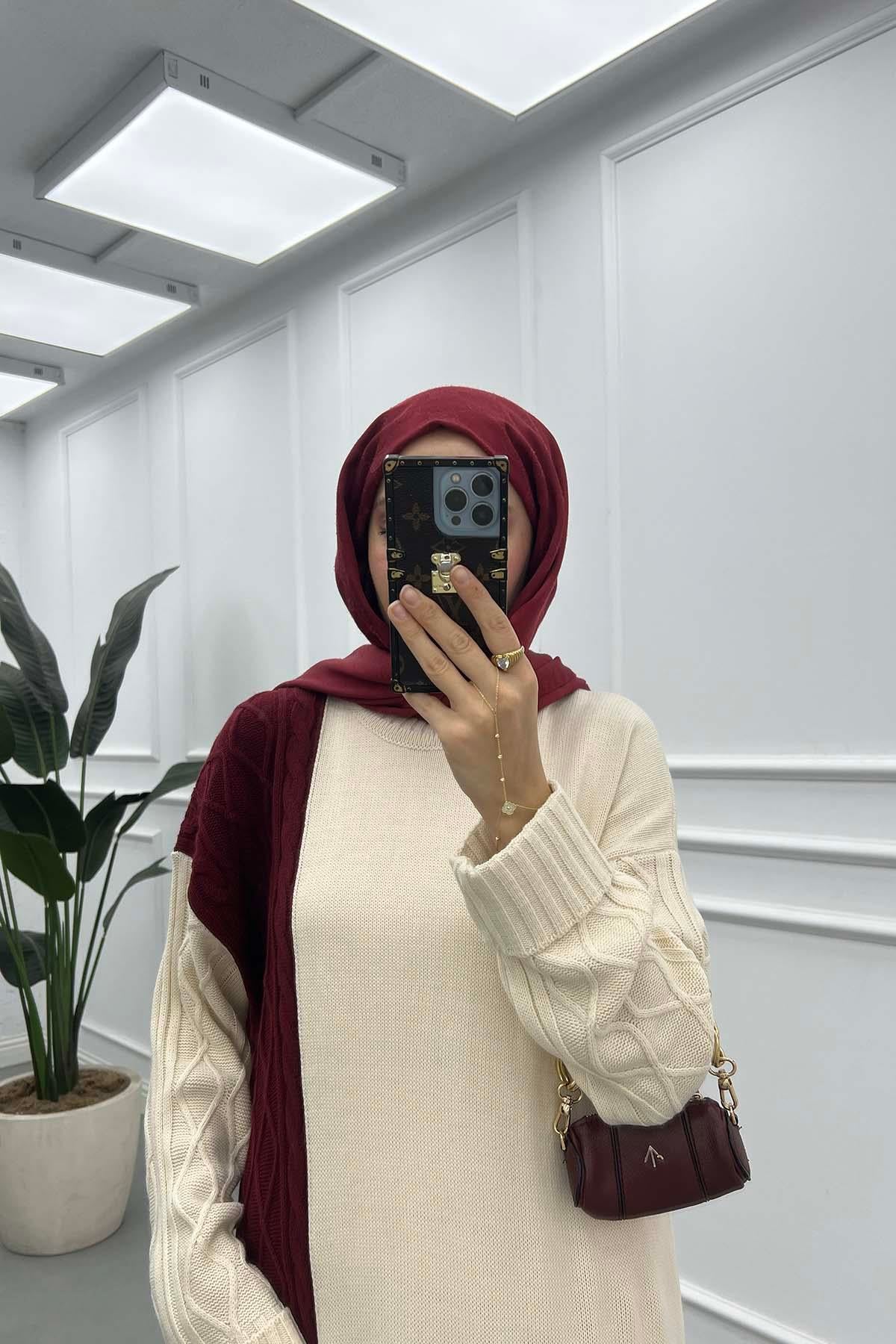 Çift Renk Triko Elbise Bordo