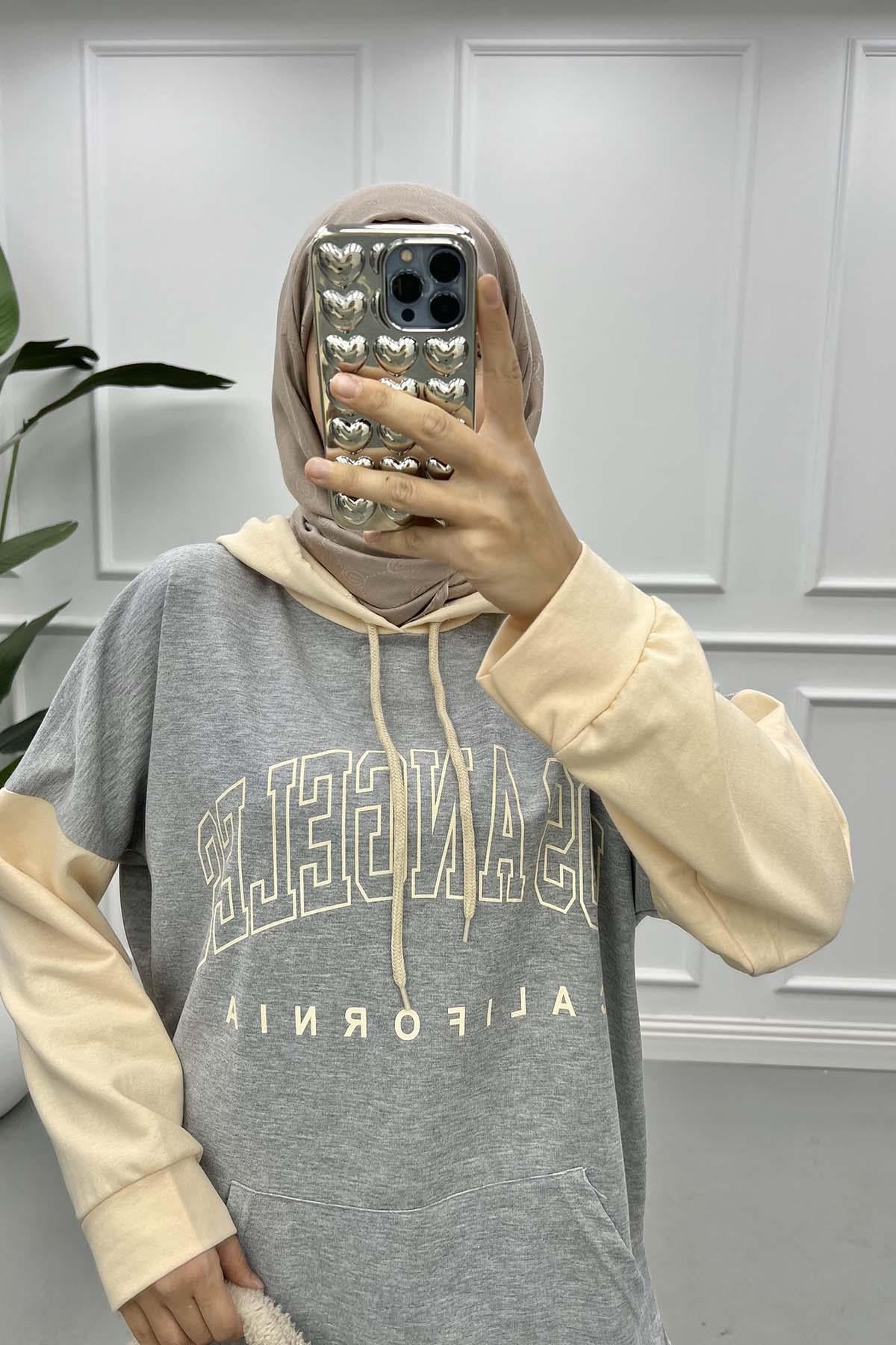 Çift Renkli Yazılı Sweatshirt Gri