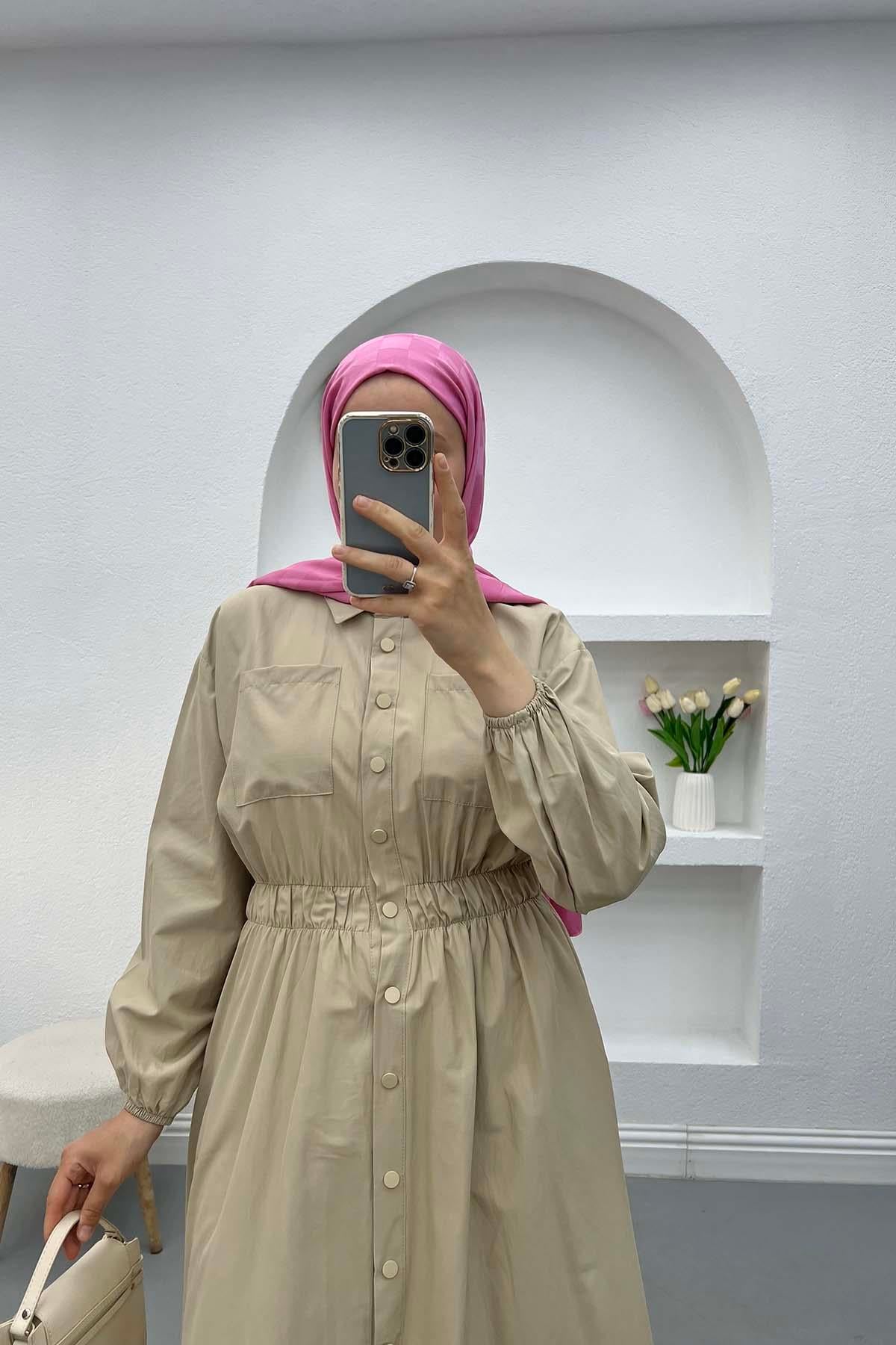 Çıtçıtlı Beymen Elbise Bej