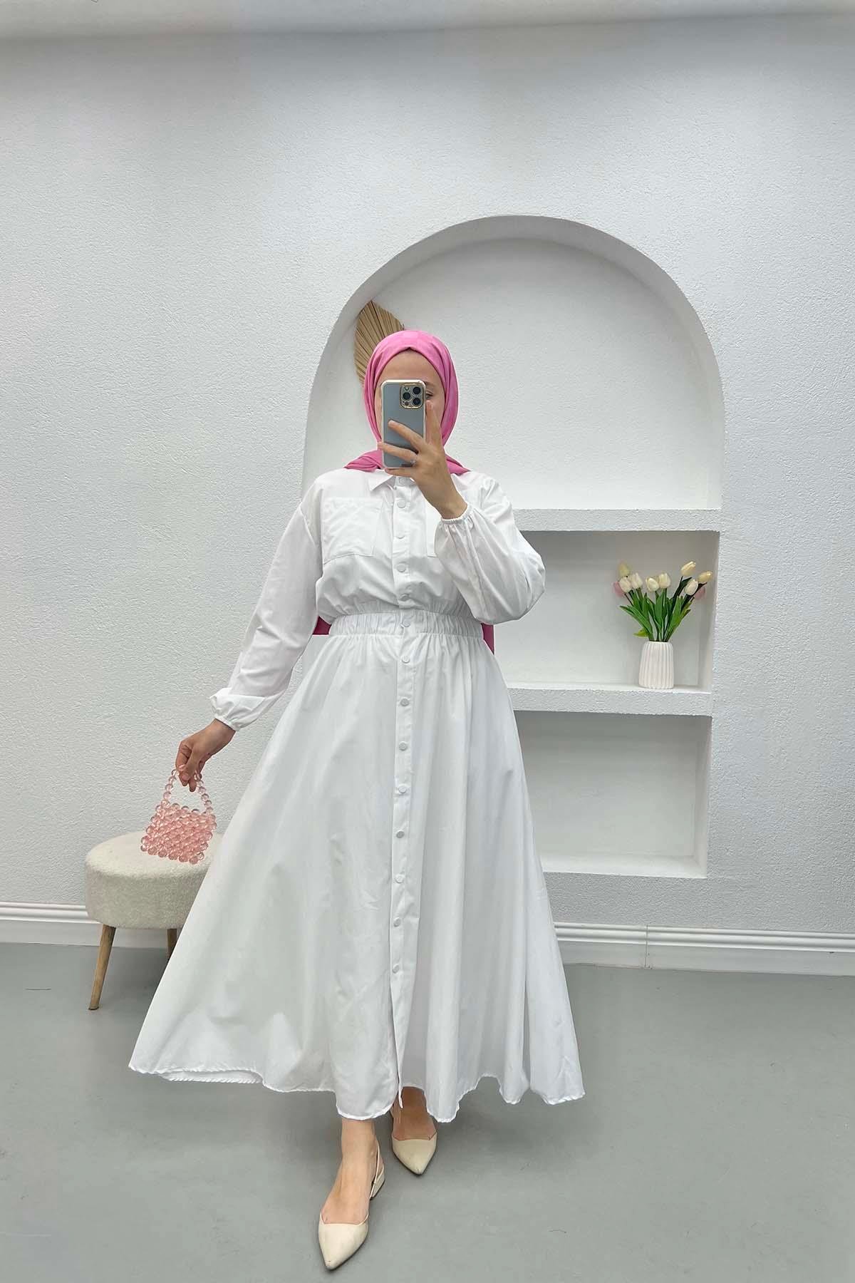 Çıtçıtlı Beymen Elbise Beyaz