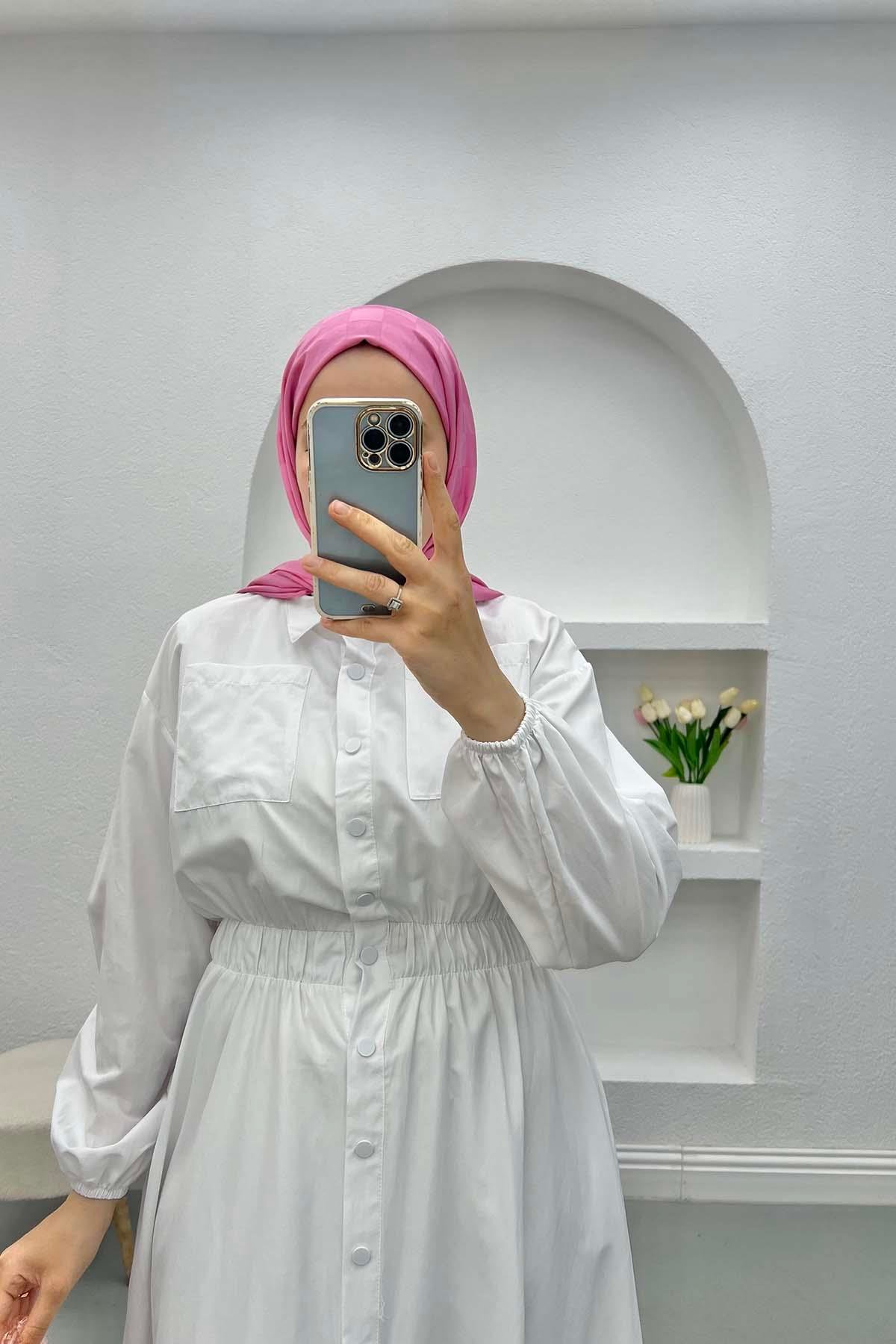 Çıtçıtlı Beymen Elbise Beyaz