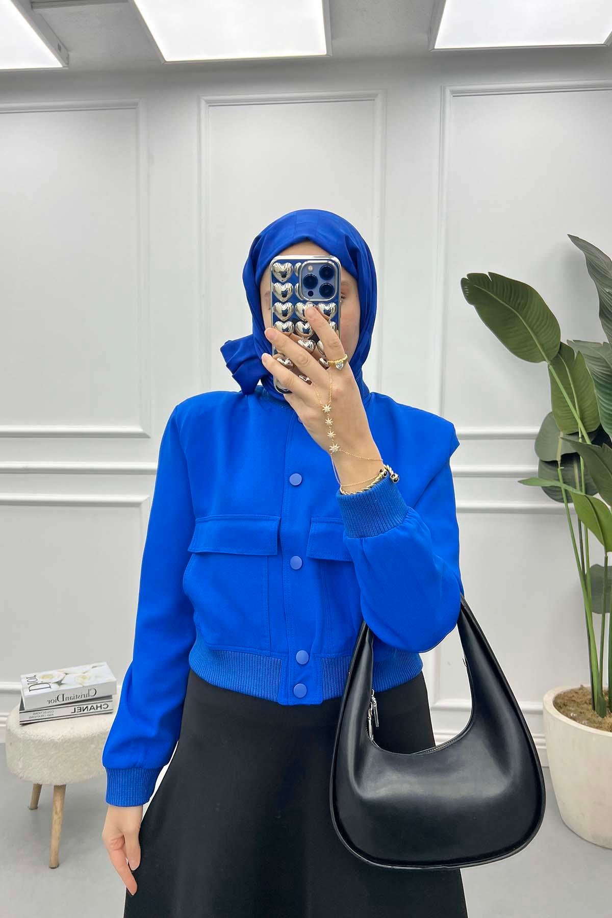 Çıtçıtlı Bomber Ceket Saks Mavi