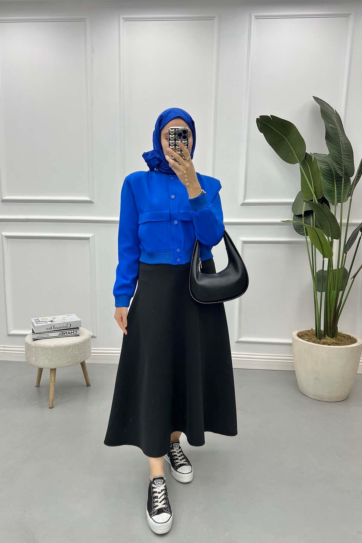 Çıtçıtlı Bomber Ceket Saks Mavi