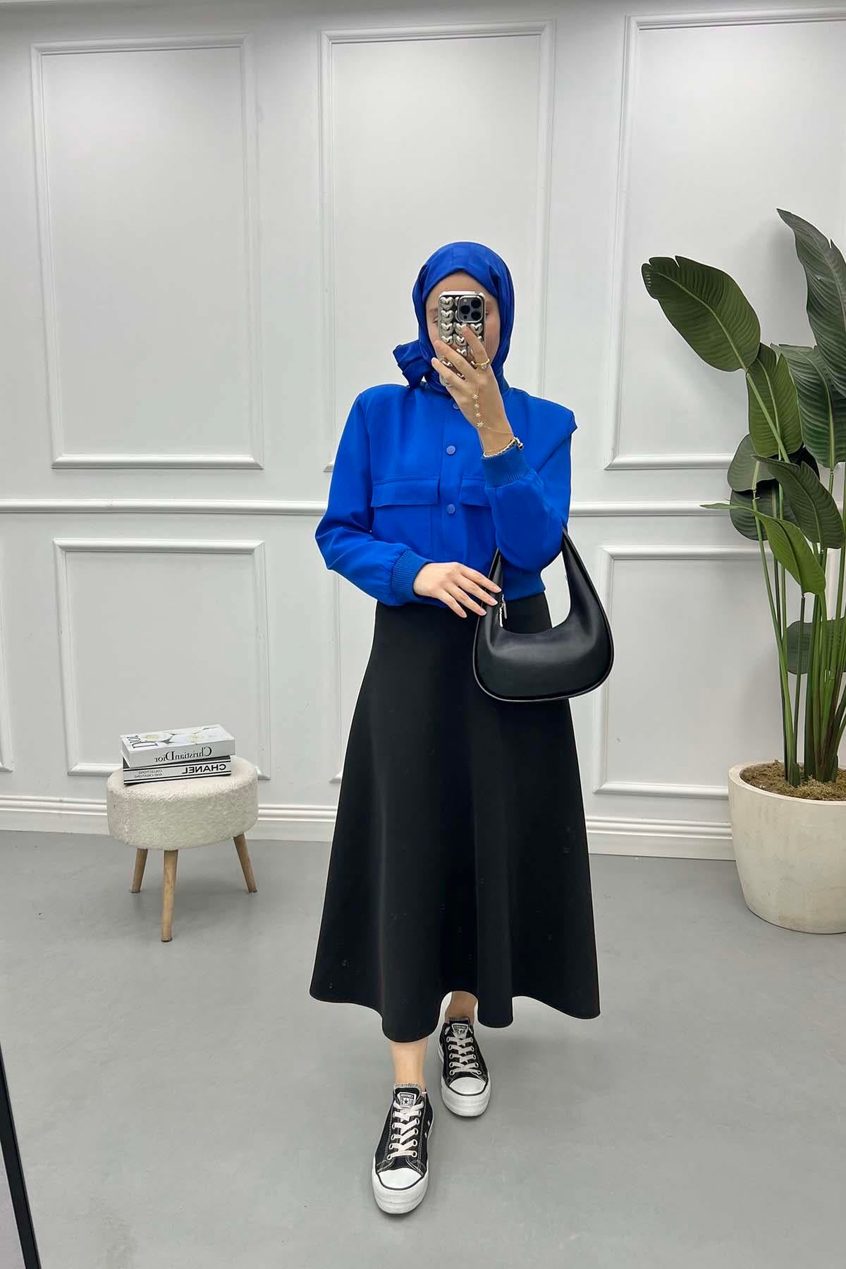 Çıtçıtlı Bomber Ceket Saks Mavi