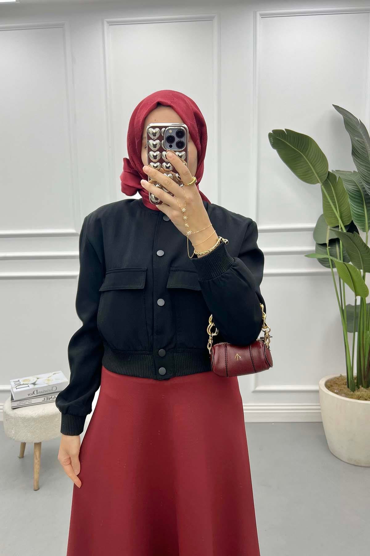 Çıtçıtlı Bomber Ceket Siyah
