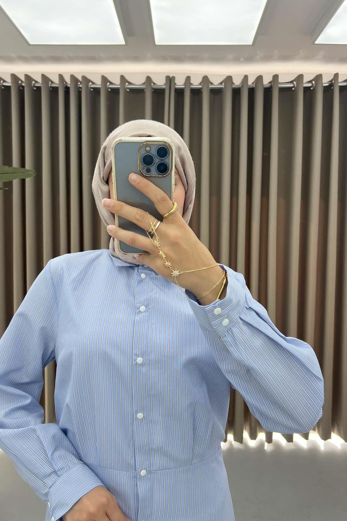 Çıtçıtlı Çizgili Elbise Mavi