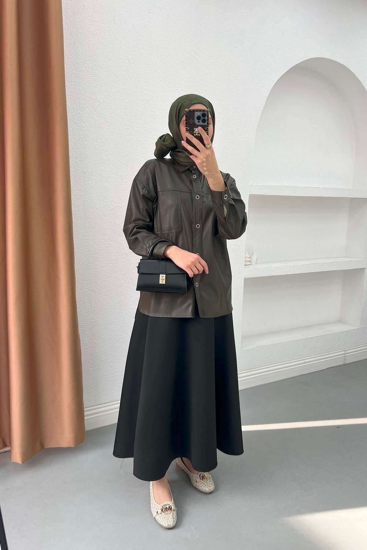 Çıtçıtlı Deri Gömlek Haki