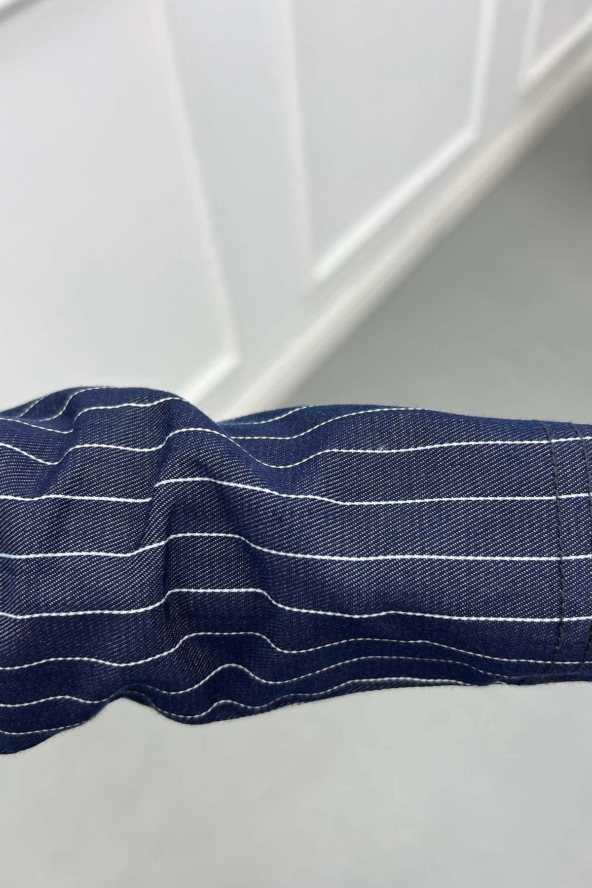 Çıtçıtlı Pinstripe Desen Tensel Kot Takım Lacivert