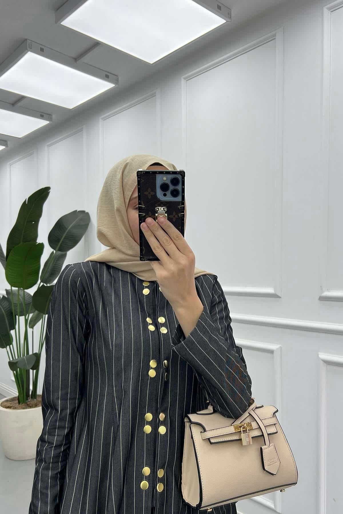 Çıtçıtlı Pinstripe Desen Tensel Kot Takım Siyah