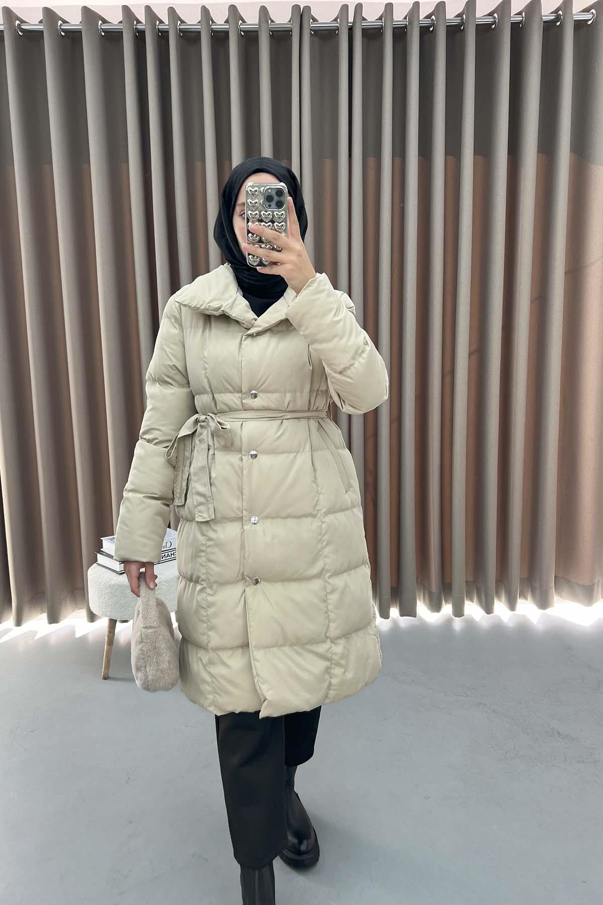 Çıtçıtlı Şişme Mont Bej