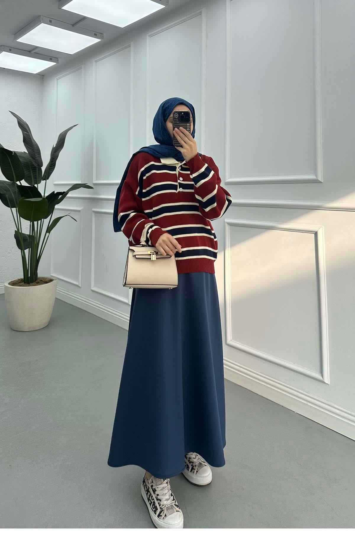 Çizgi Desen Triko Kazak Kırmızı