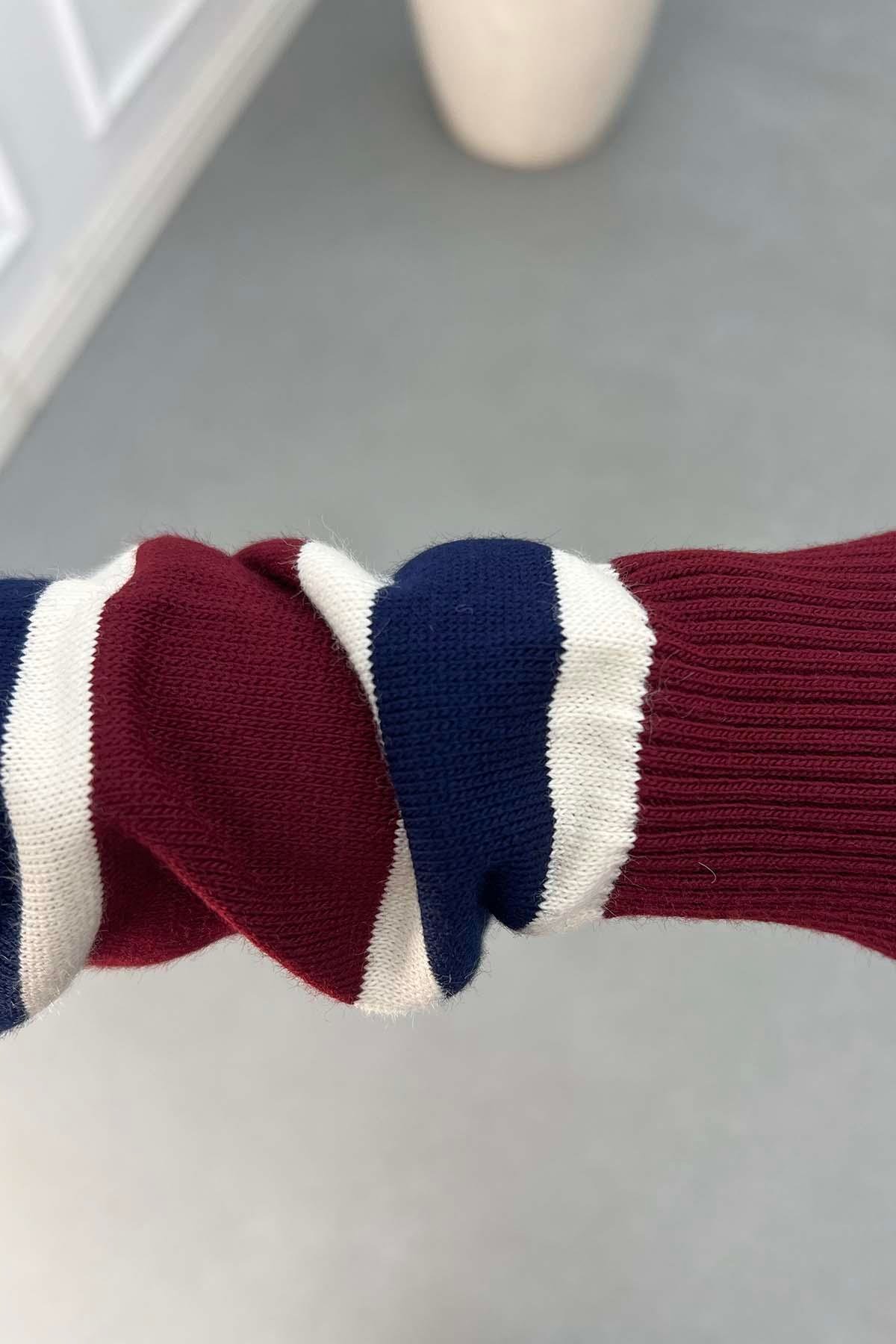 Çizgi Desen Triko Takım Bordo