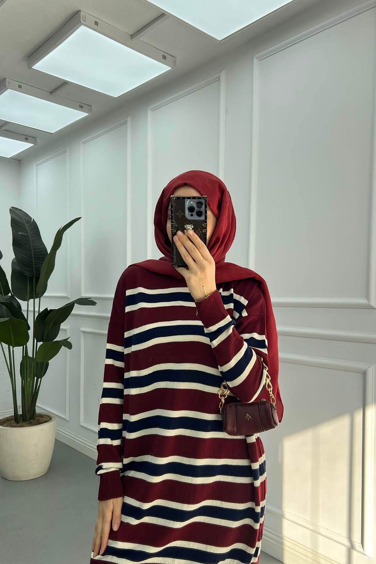Çizgi Desen Triko Takım Bordo