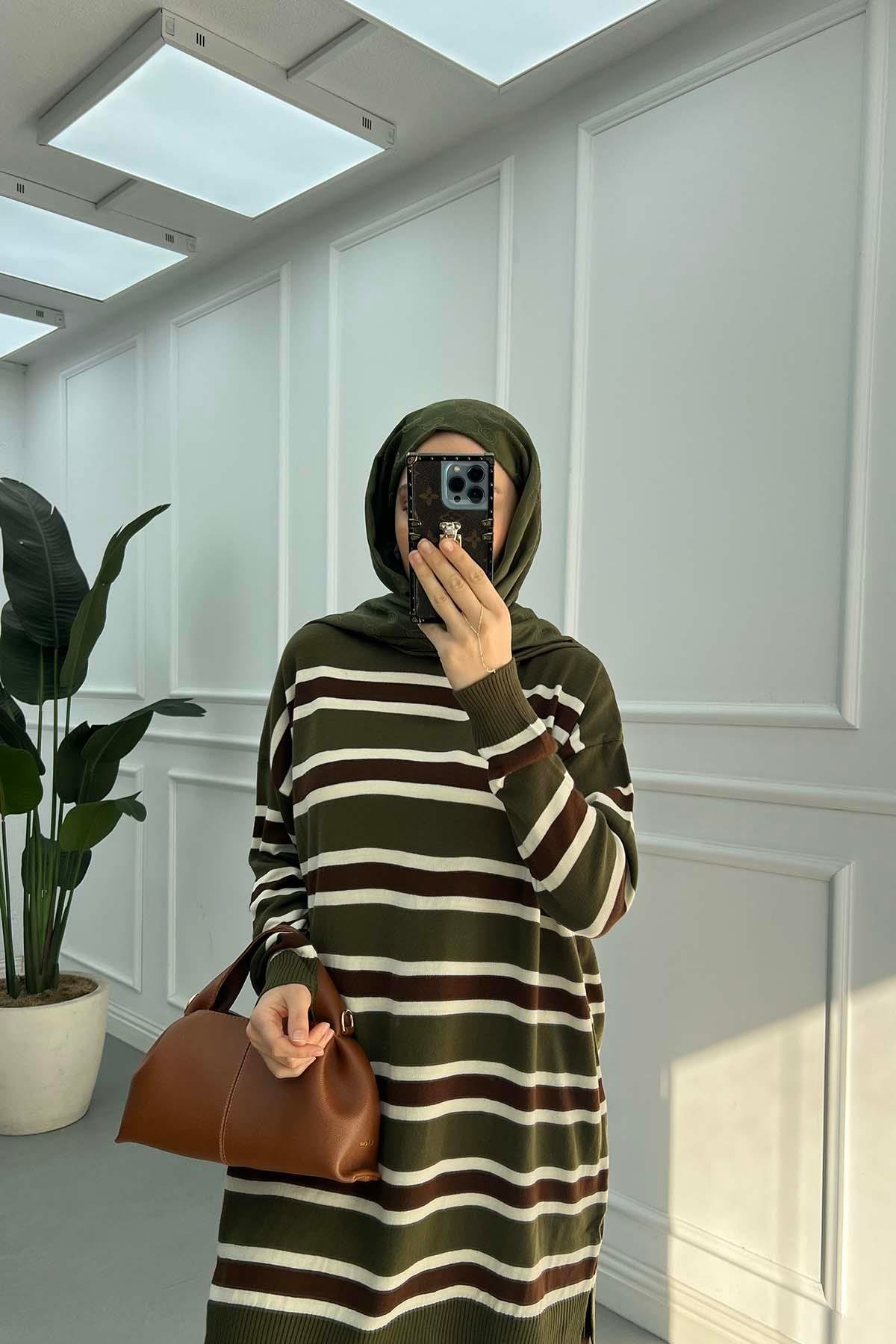 Çizgi Desen Triko Takım Haki