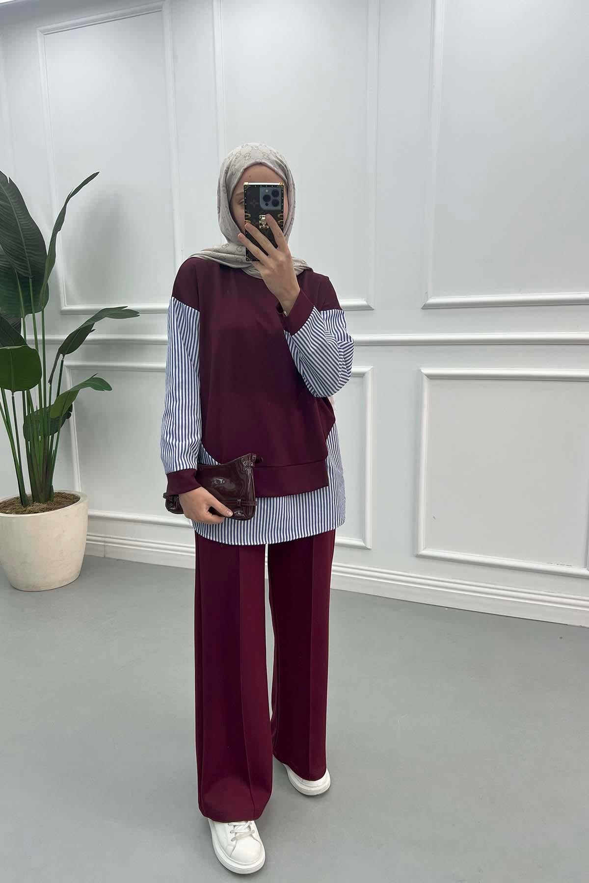 Çizgi Detaylı Tunik Bordo