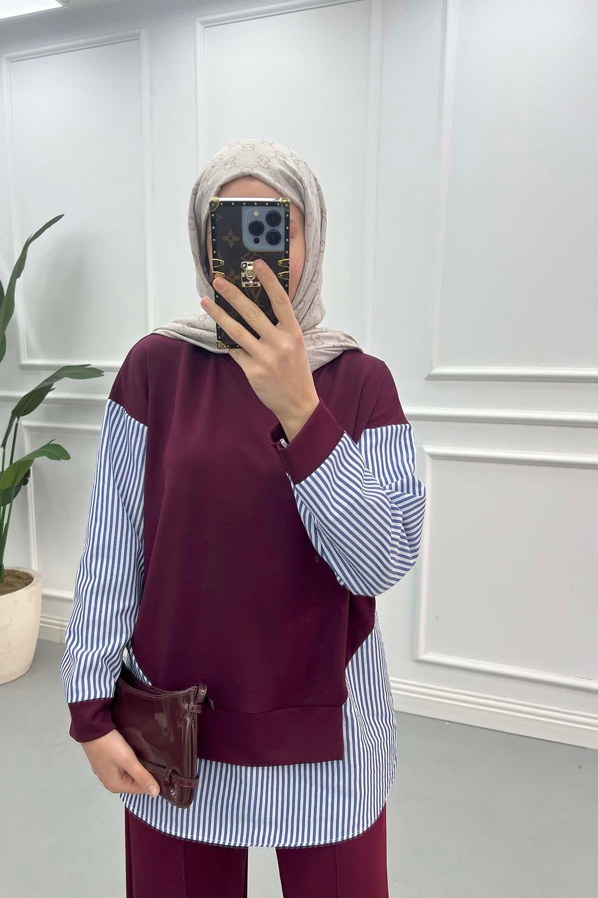 Çizgi Detaylı Tunik Bordo