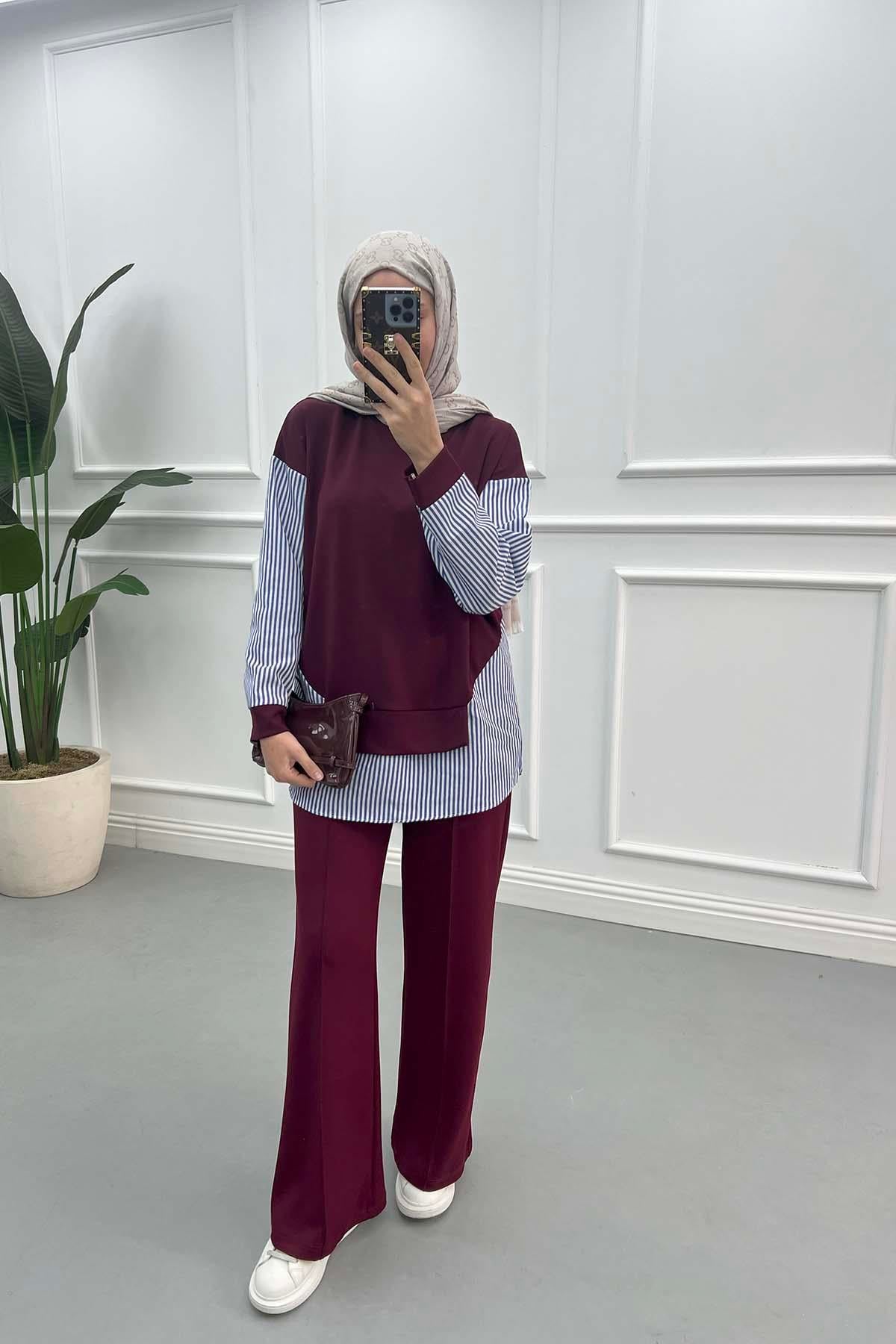 Çizgi Detaylı Tunik Bordo