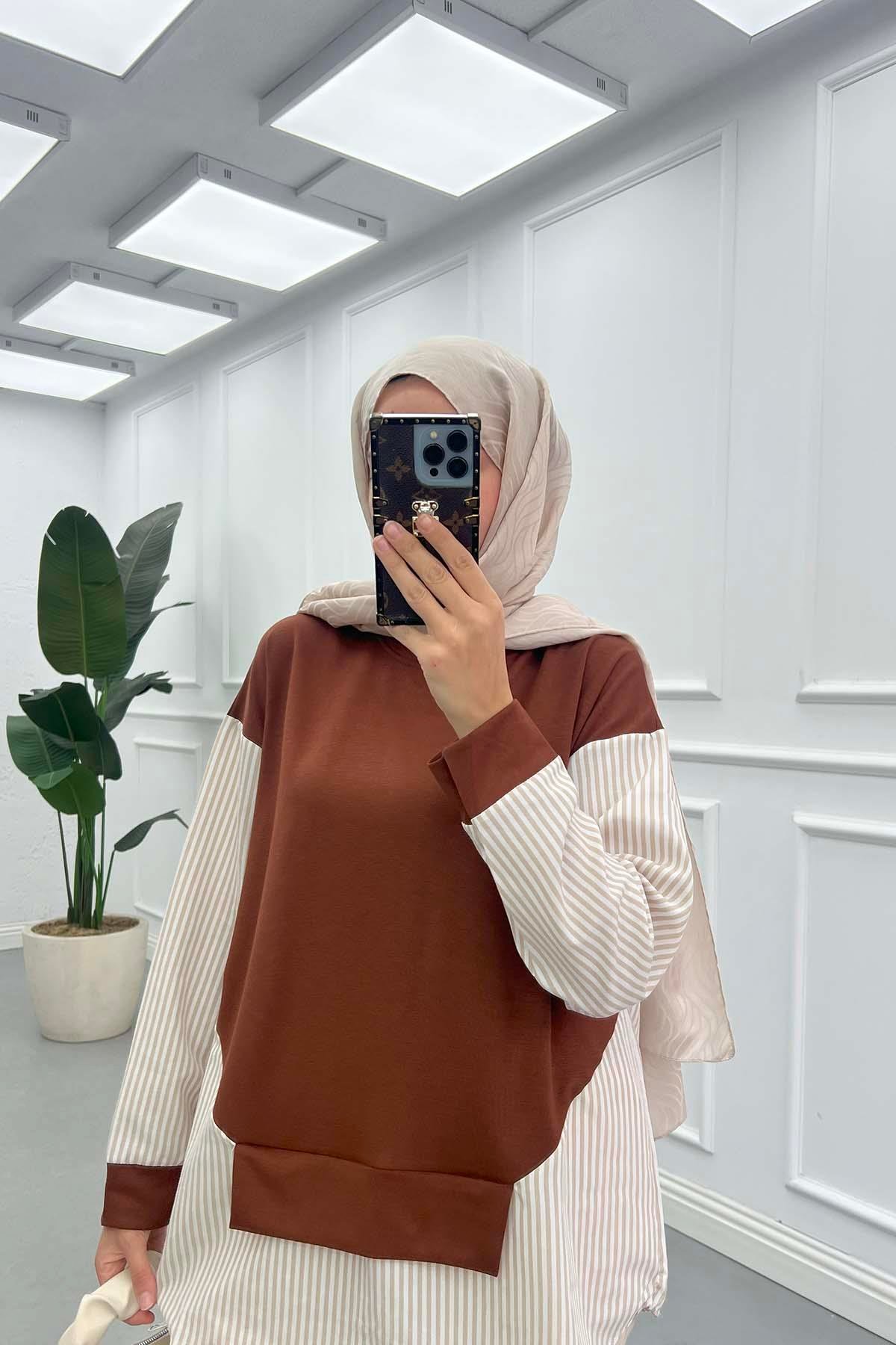 Çizgi Detaylı Tunik Kahve