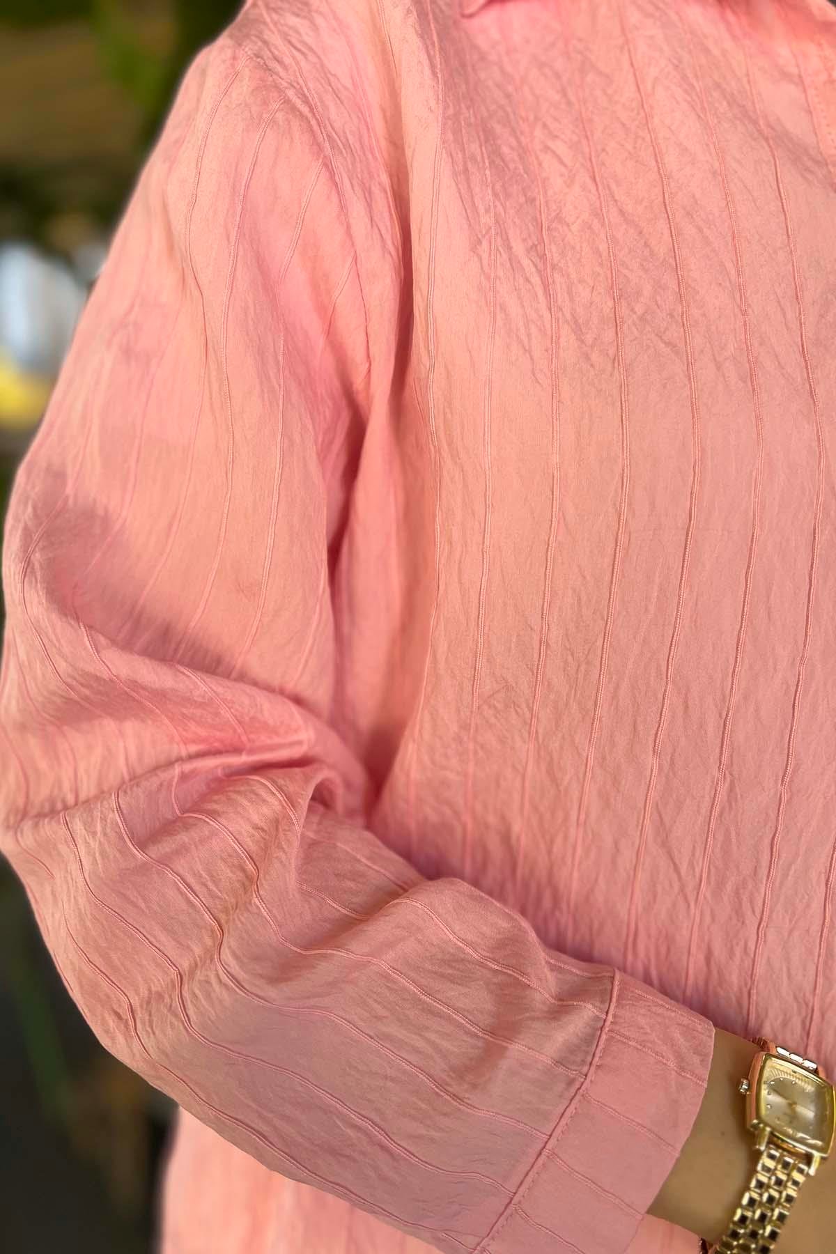 Çizgi Dokulu Cepli Gömlek Pembe