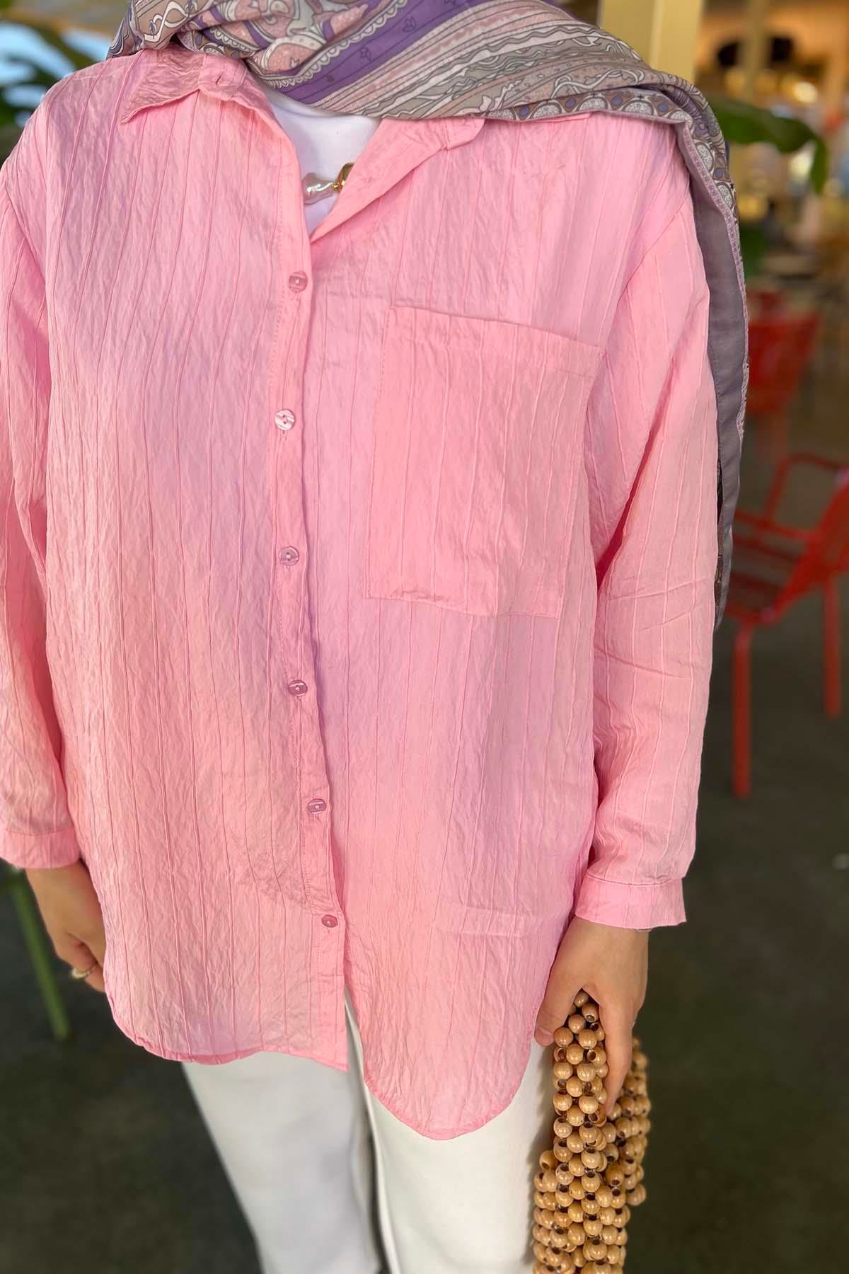 Çizgi Dokulu Cepli Gömlek Pembe
