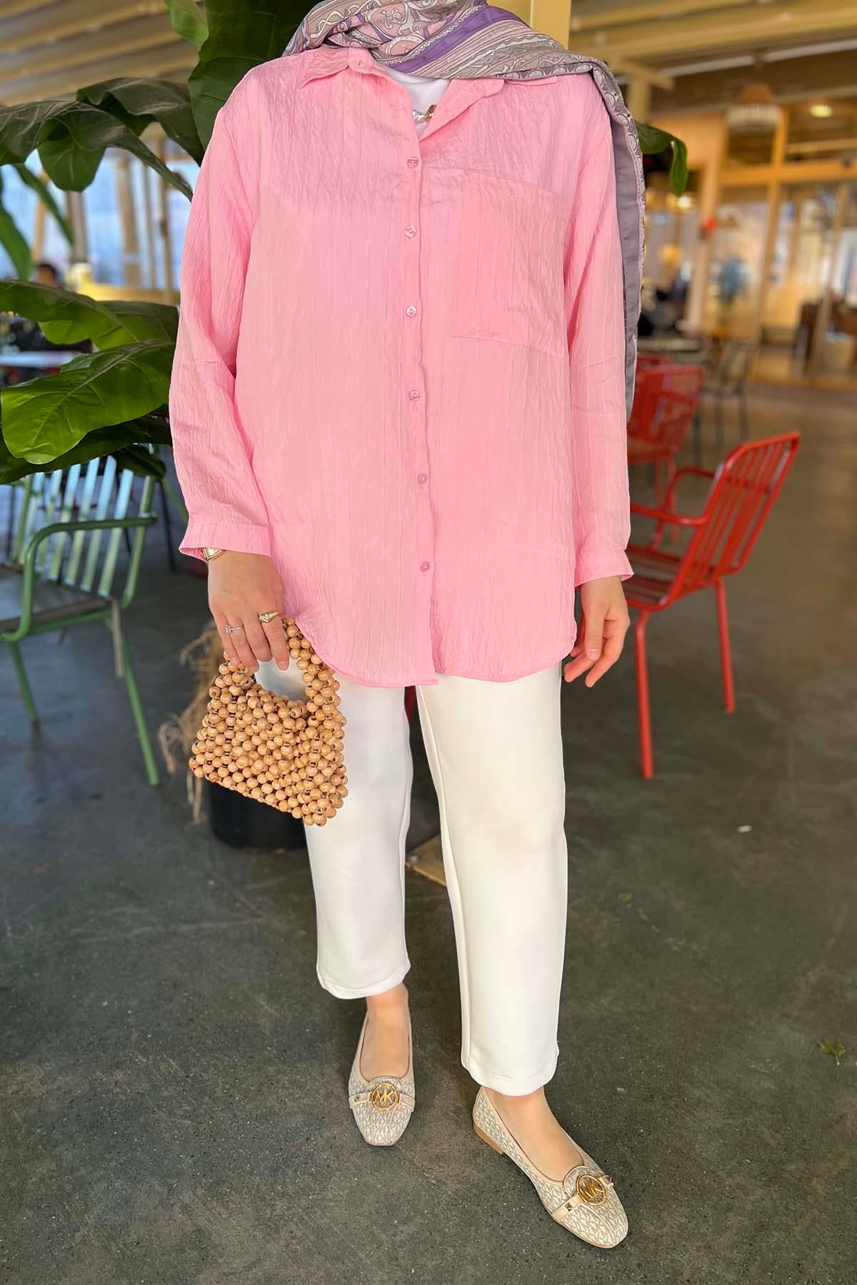 Çizgi Dokulu Cepli Gömlek Pembe