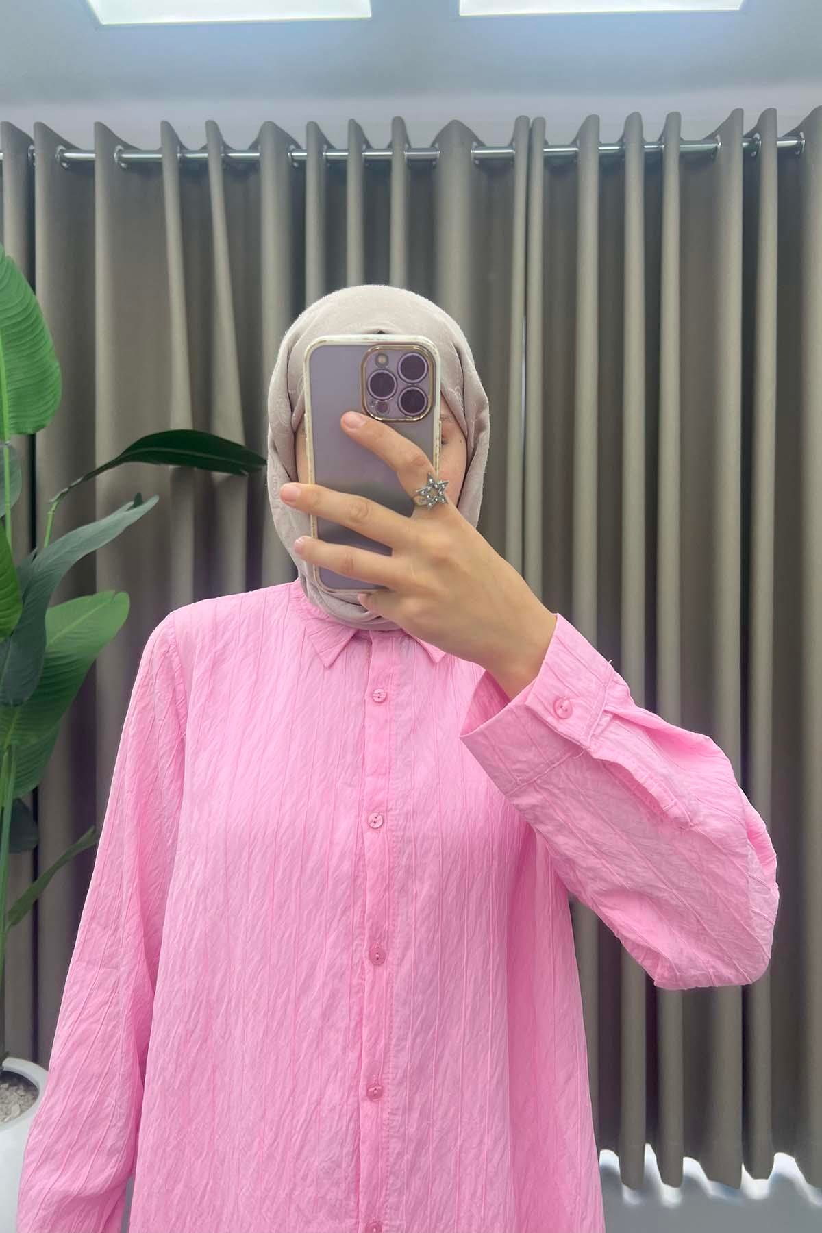 Çizgi Dokulu Gömlek Pembe