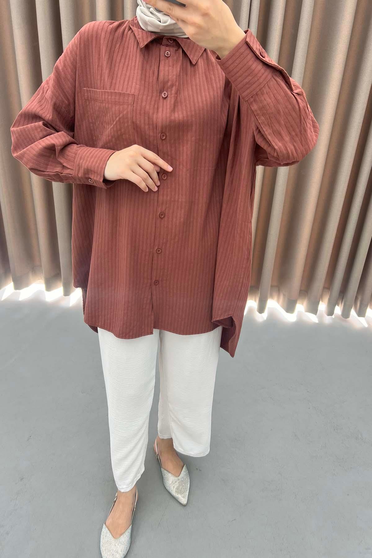 Çizgi Dokulu Oversize Gömlek Kahve