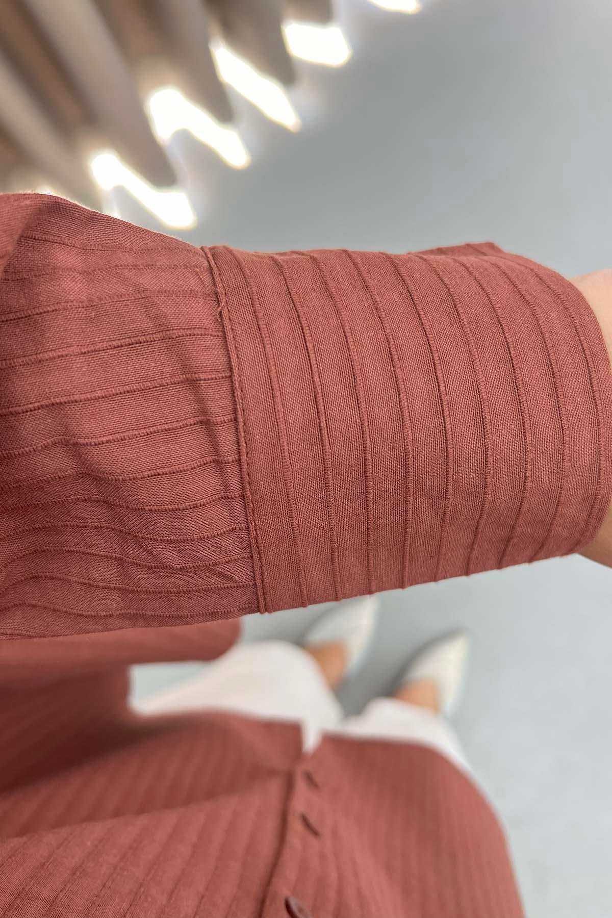 Çizgi Dokulu Oversize Gömlek Kahve