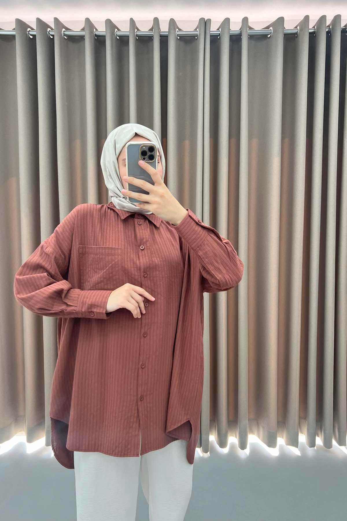 Çizgi Dokulu Oversize Gömlek Kahve