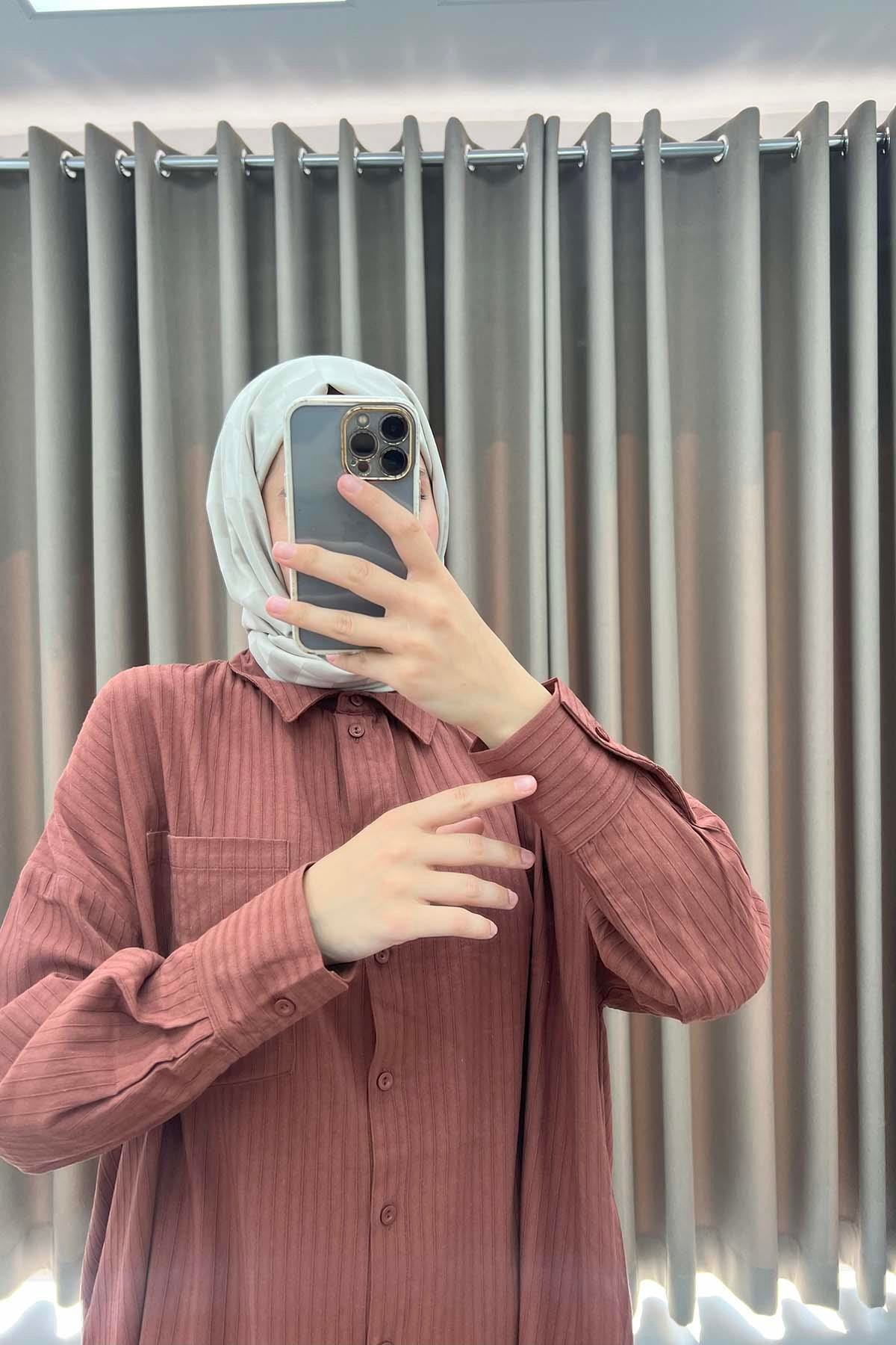 Çizgi Dokulu Oversize Gömlek Kahve