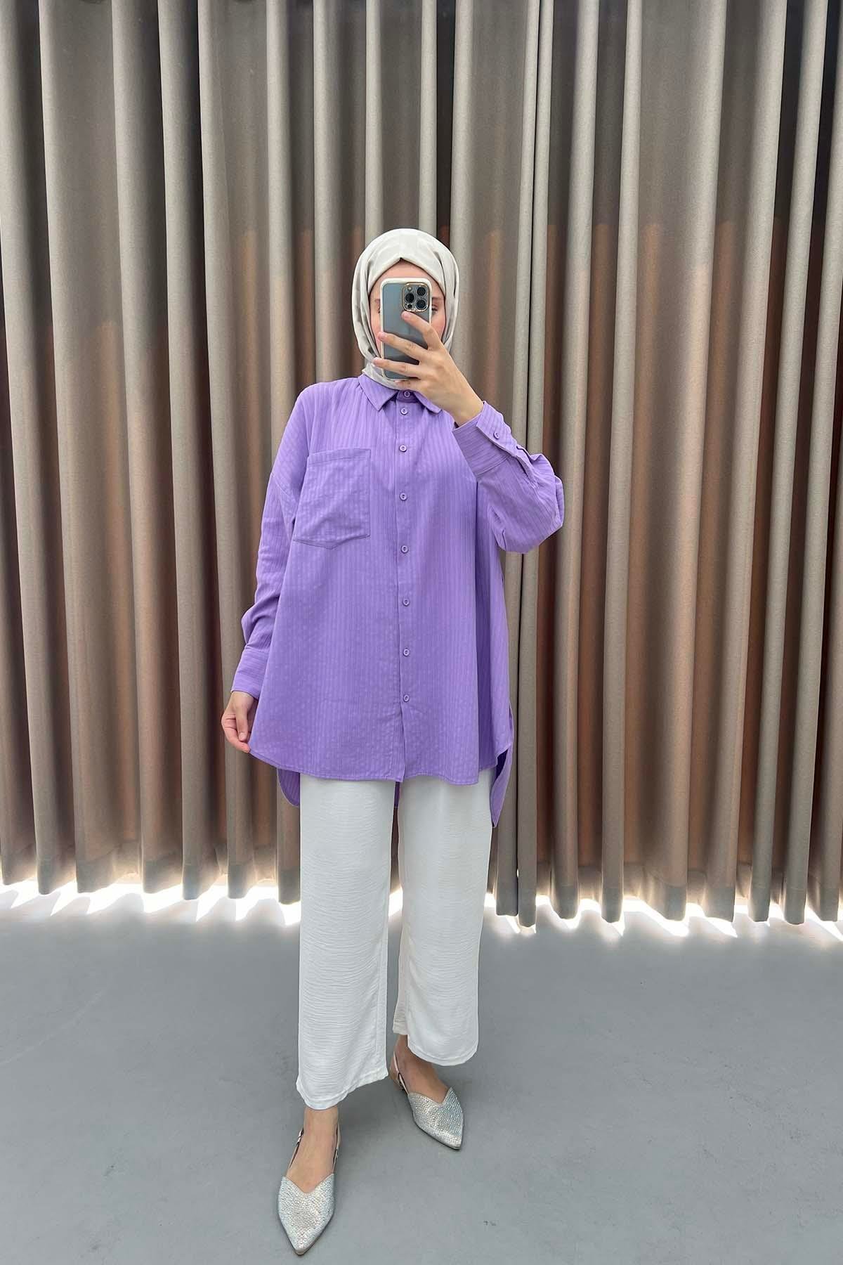 Çizgi Dokulu Oversize Gömlek Lila