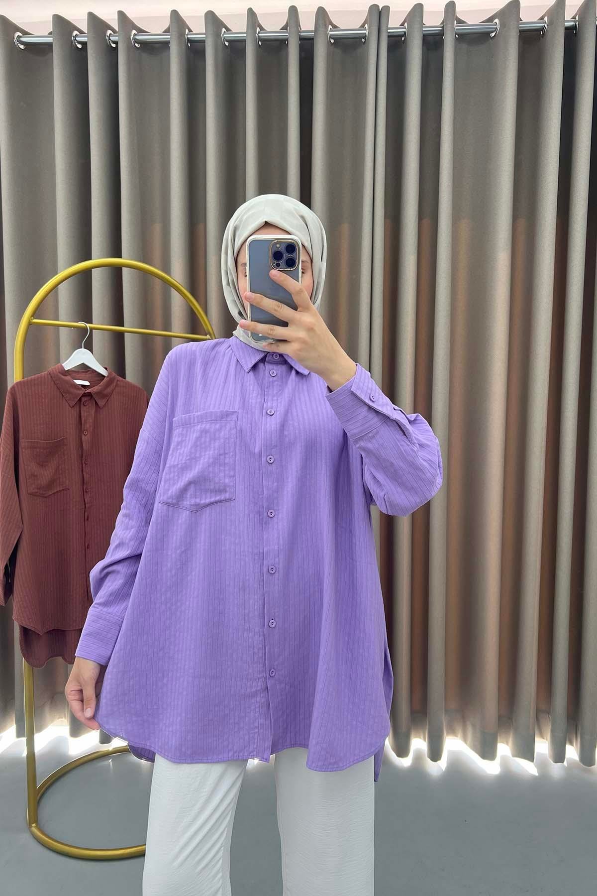 Çizgi Dokulu Oversize Gömlek Lila
