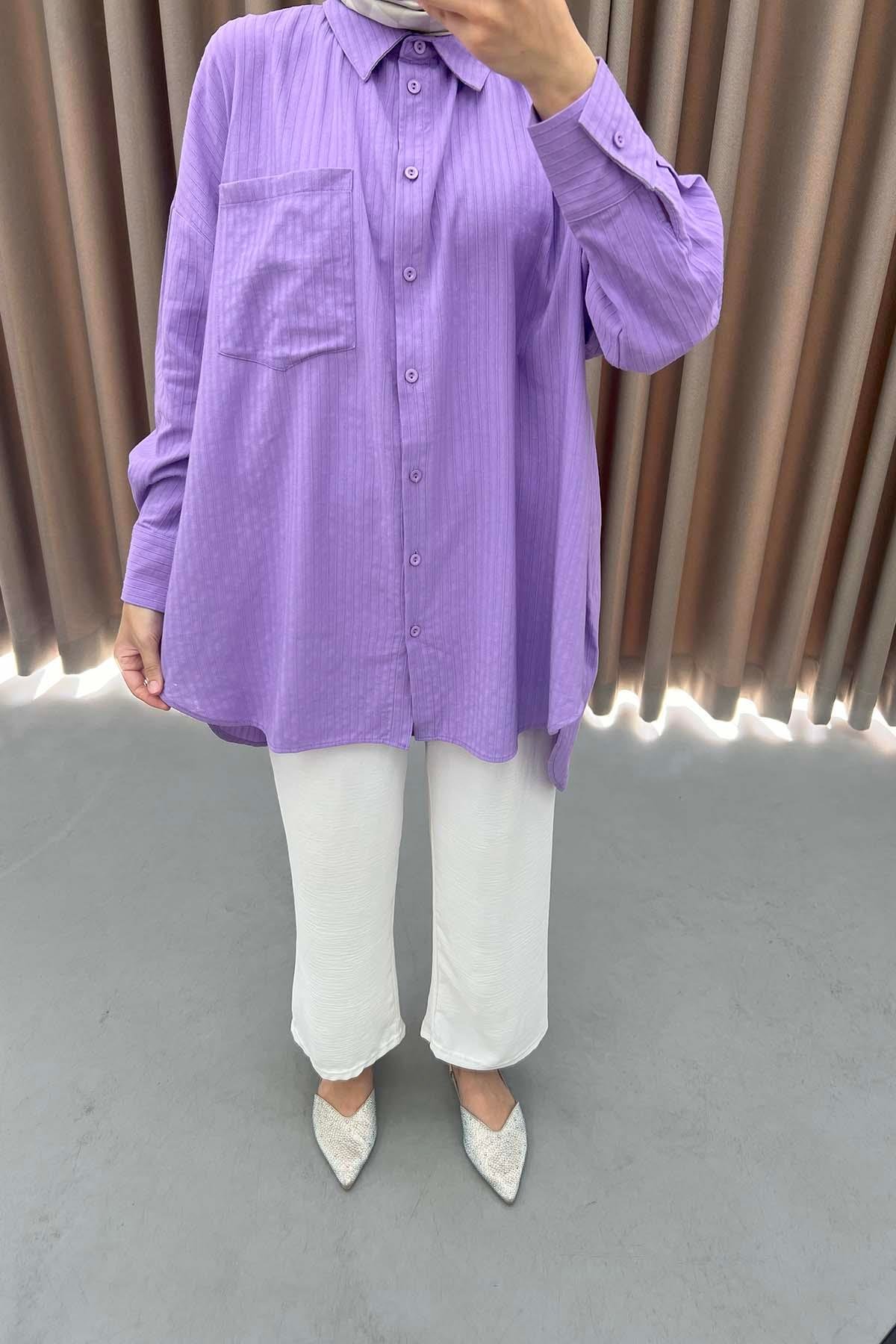 Çizgi Dokulu Oversize Gömlek Lila