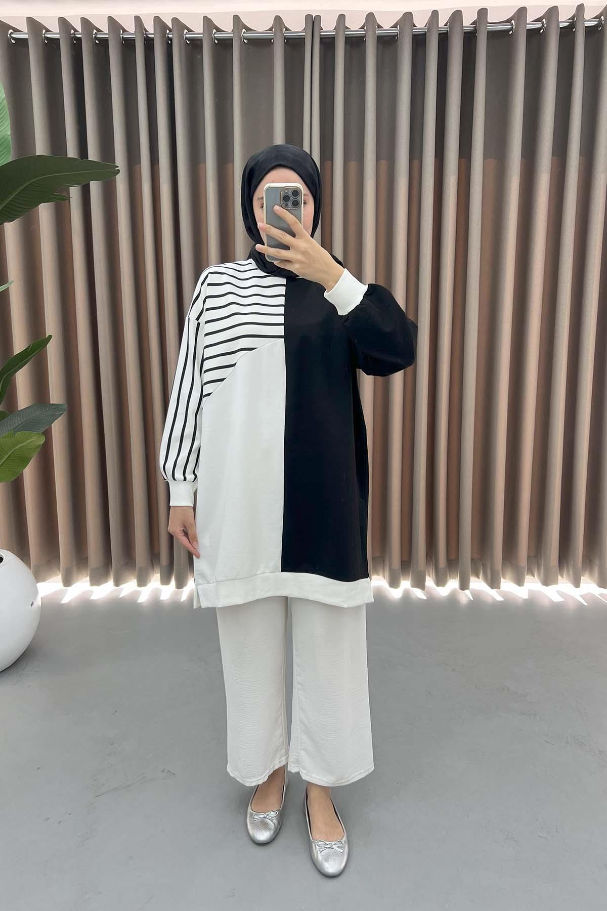 Çizgi Garnili Sweatshirt Siyah