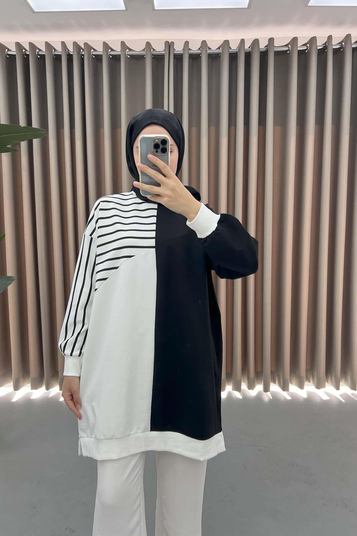 Çizgi Garnili Sweatshirt Siyah