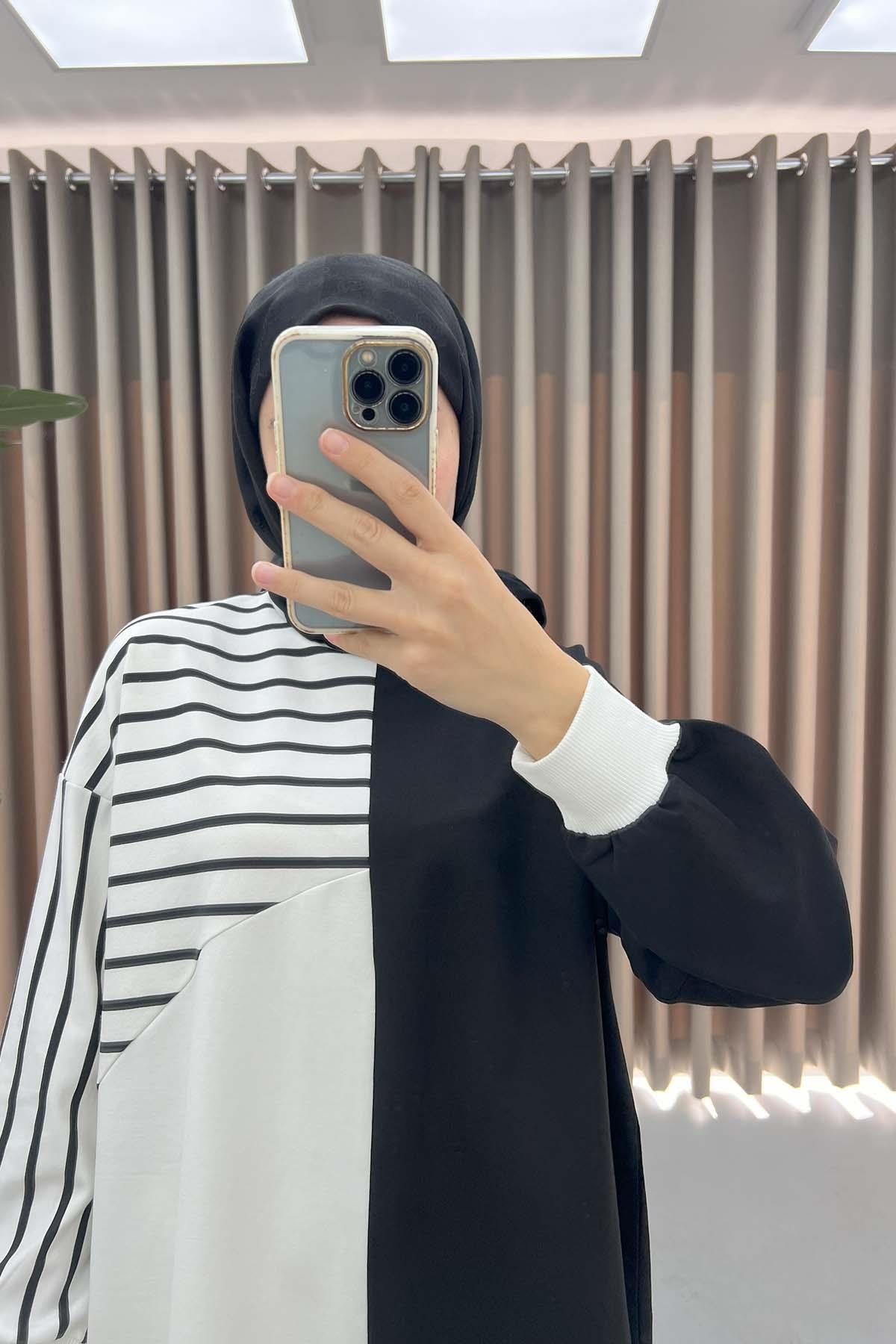 Çizgi Garnili Sweatshirt Siyah