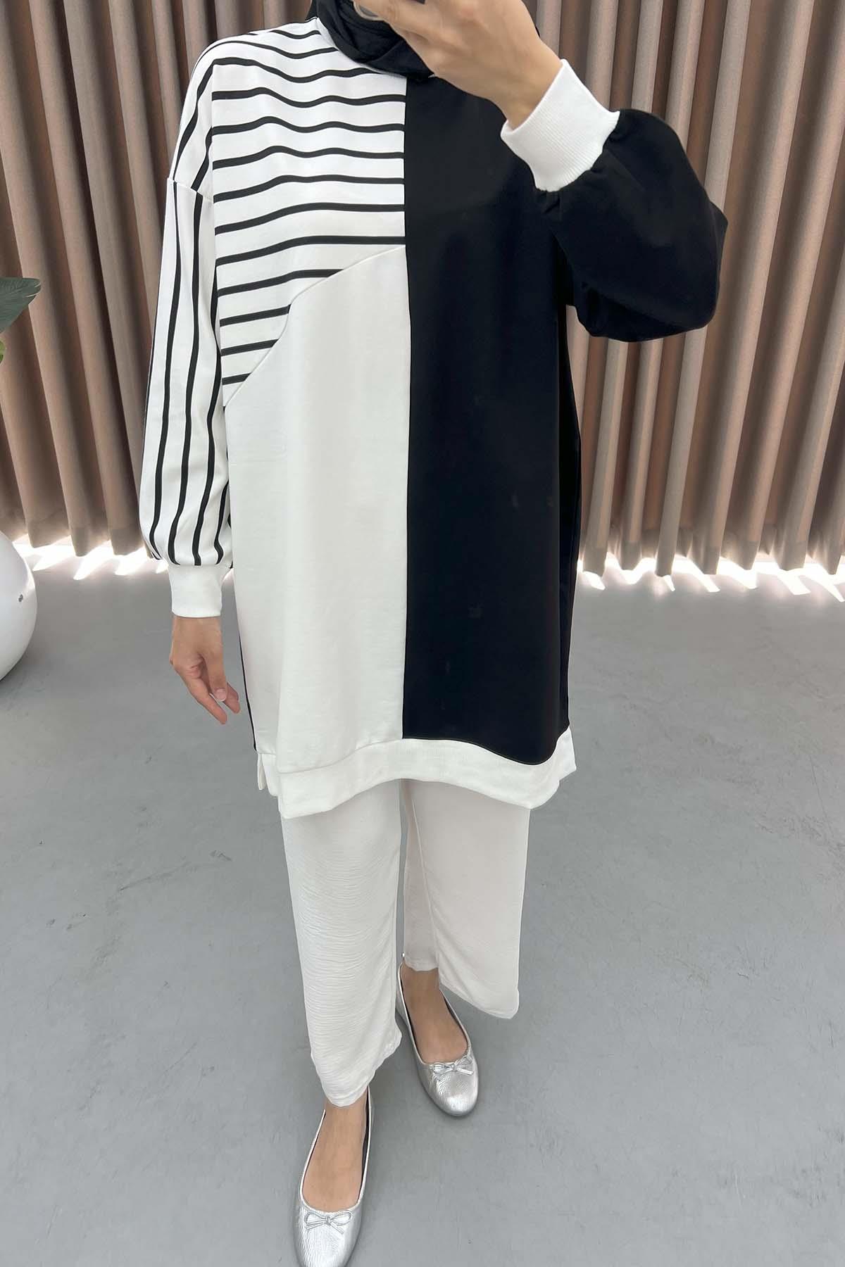 Çizgi Garnili Sweatshirt Siyah