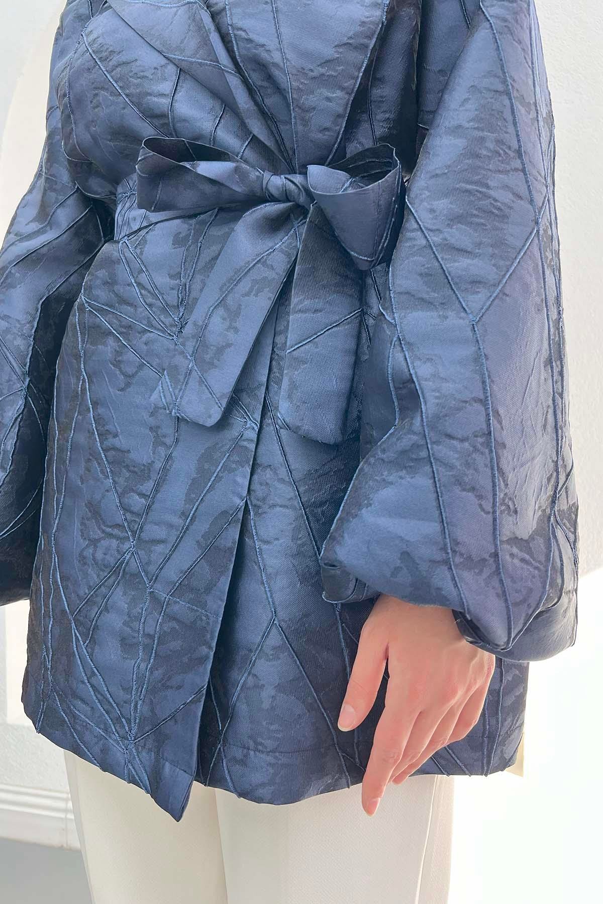 Çizgi Kabartmalı Jakarlı Ceket Lacivert
