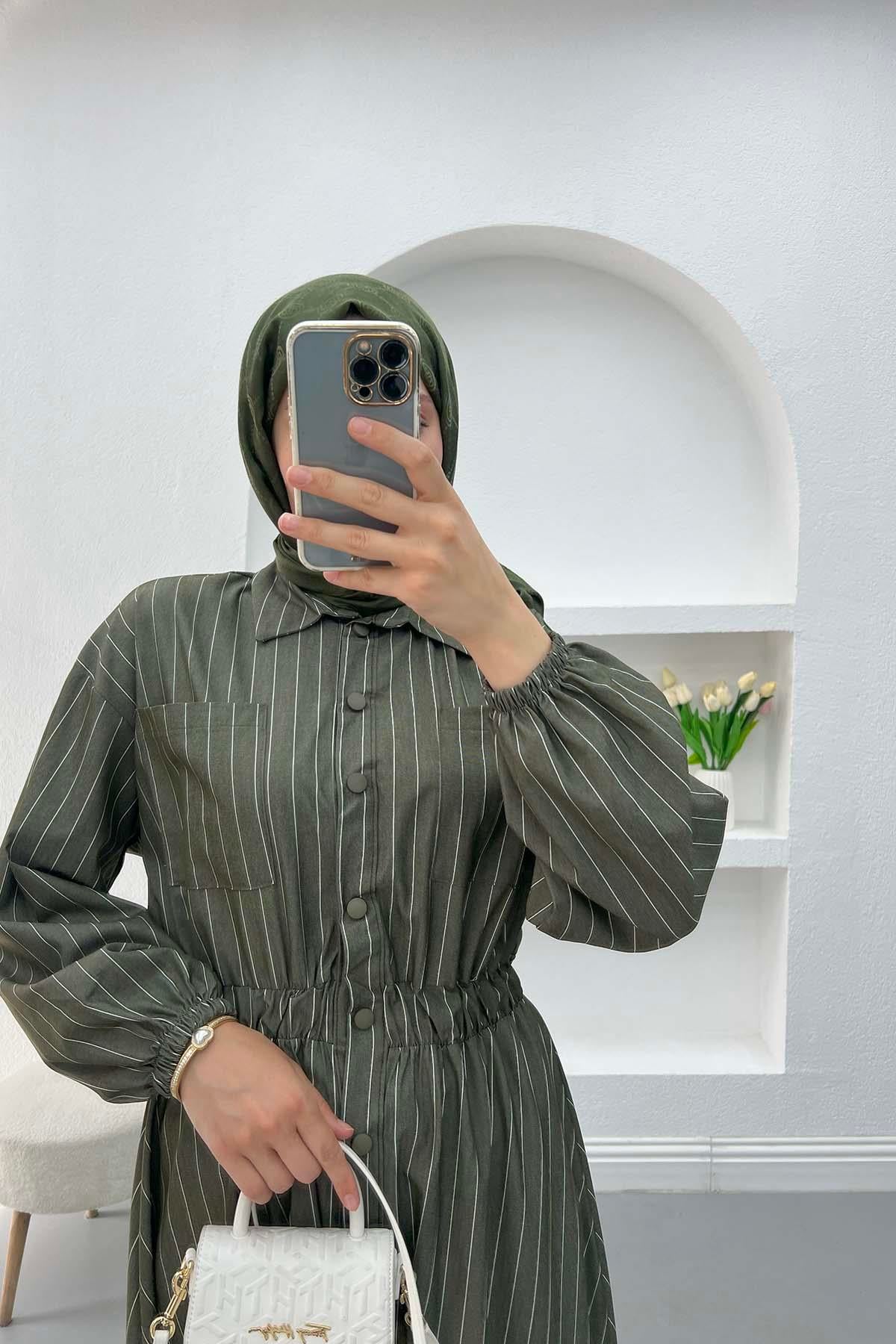 Çizgili Beymen Elbise Haki