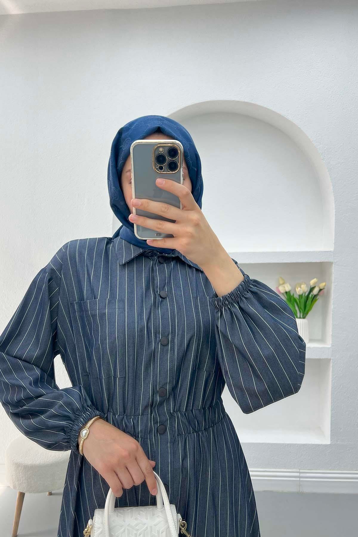 Çizgili Beymen Elbise Lacivert