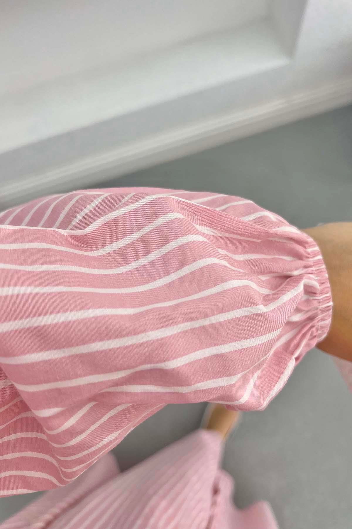 Çizgili Beymen Elbise Pembe